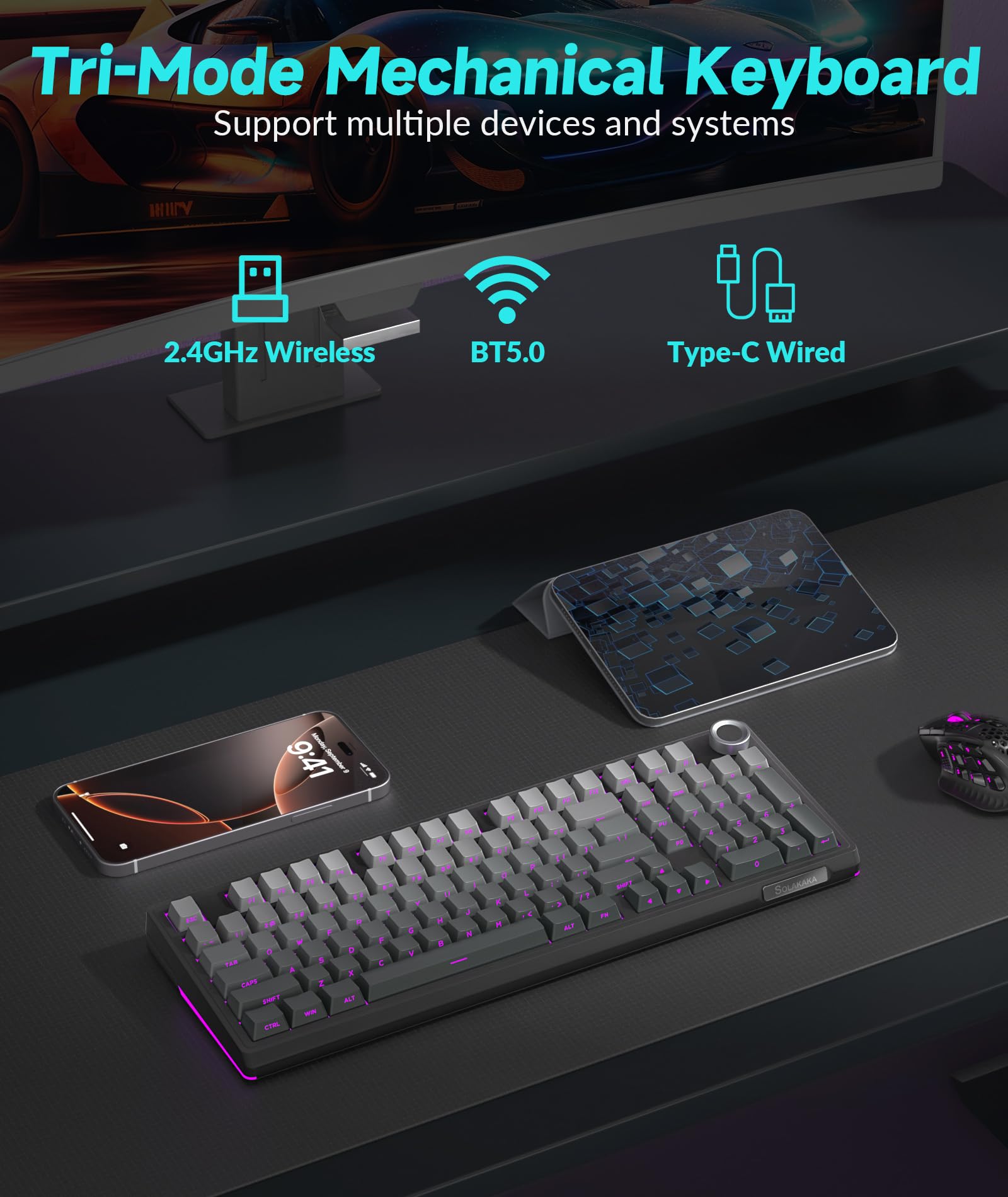 SOLAKAKA Teclado mecânico KI99 Pro 96% sem fio, teclado RGB para