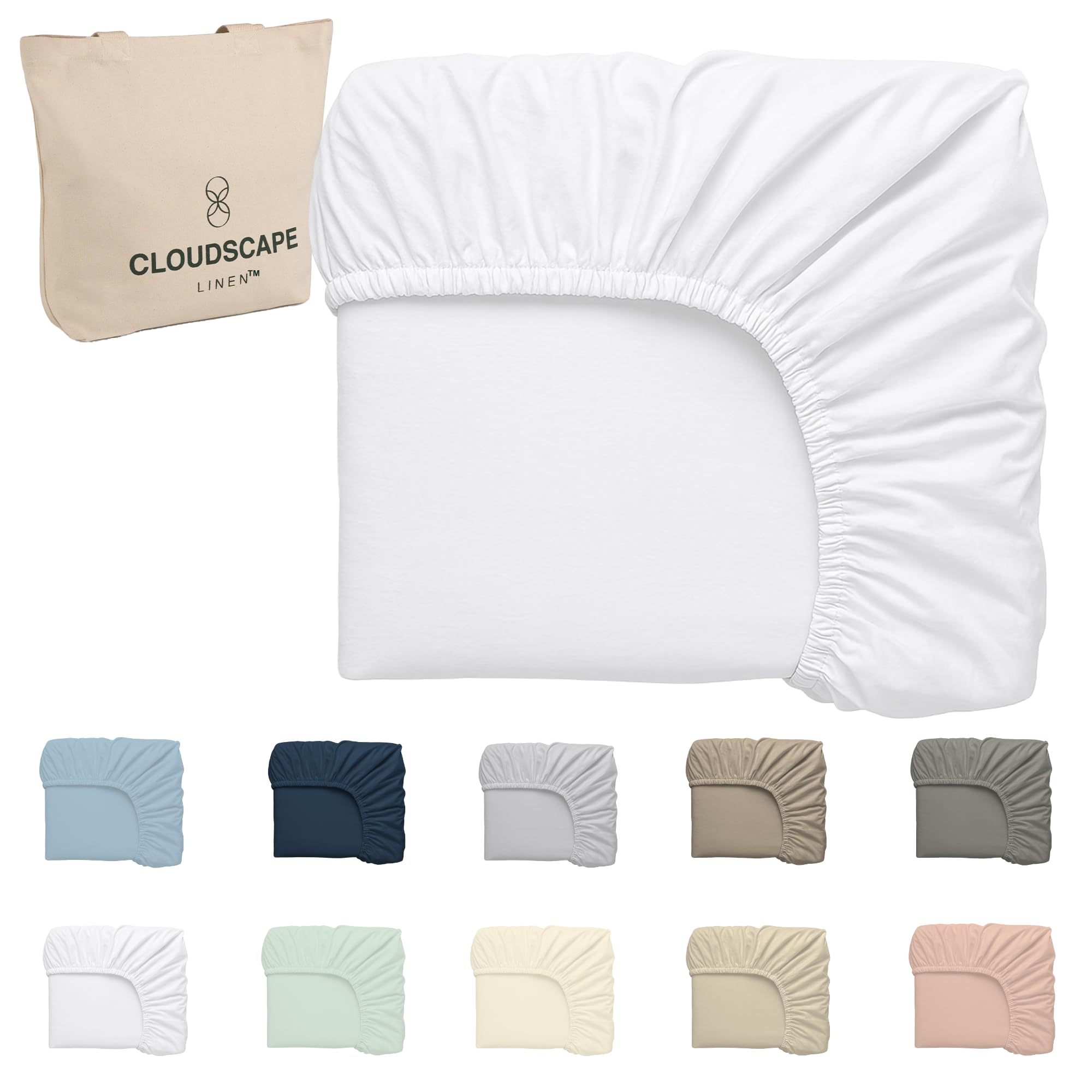 Cloud Scape Linen 100% Egyptian Cotton Queen Size Fitted Sheet, 160x200 cm, 600 Thread Count,Hotel Quality, Soft, Breathable and Durable, White