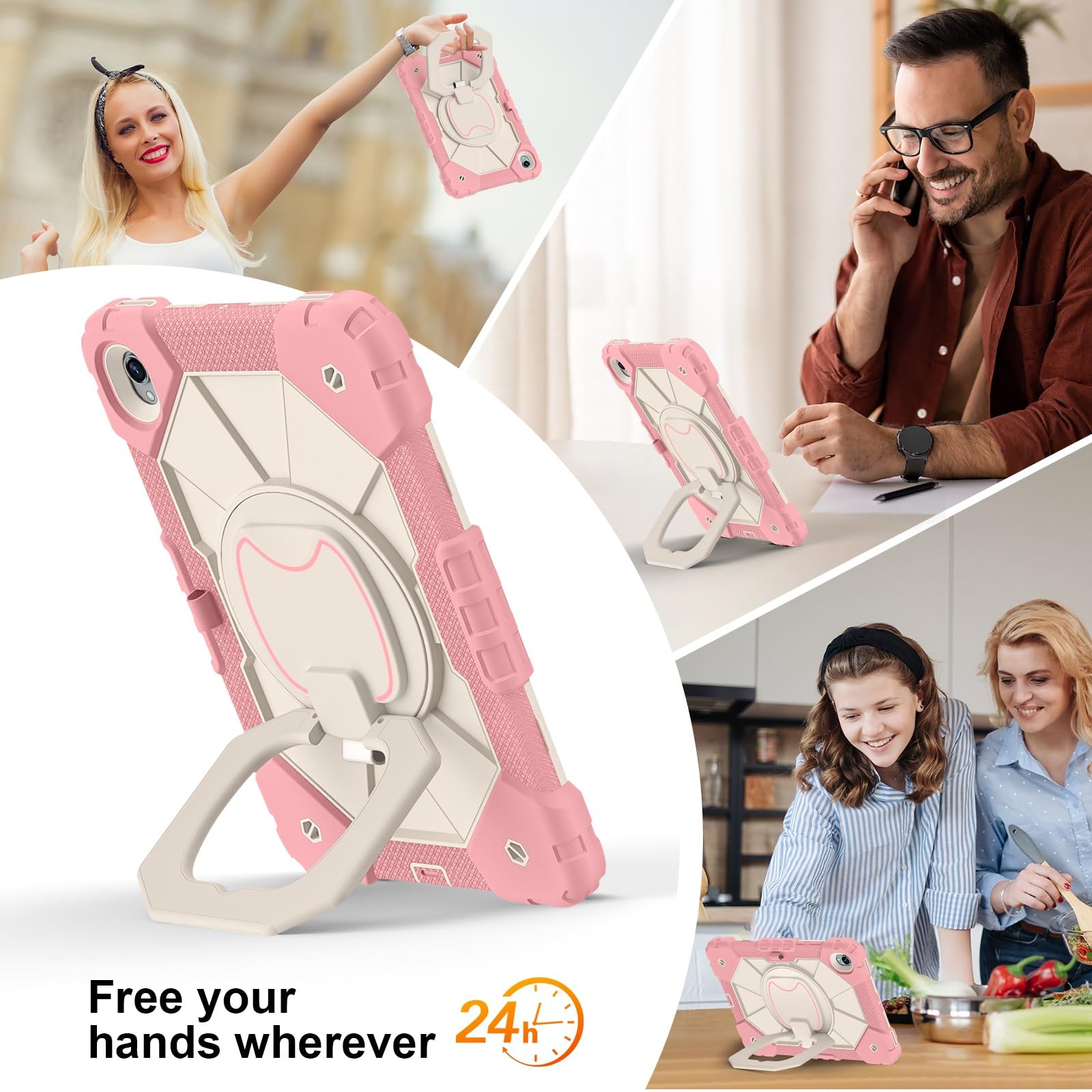 Etui do Samsung Galaxy Tab S11 2025 Model SM-X730/X736B 11-calowa, wytrzymała, odporna na wstrząsy obudowa, etui ochronne W 360 Obrotowa podpórka + pasek rękę + ramię(Rose Gold)