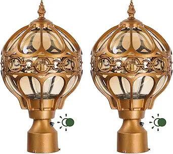 Dusk to Dawn Globe Outdoor Lamp Post Lights for Lawn Garden Yard Driveway, Brass Sphere Outside Post Light, Pier Mount Pillar Post Lighting Fixtures, Soccer Ball Exterior Pole Post Light(2 Pack)