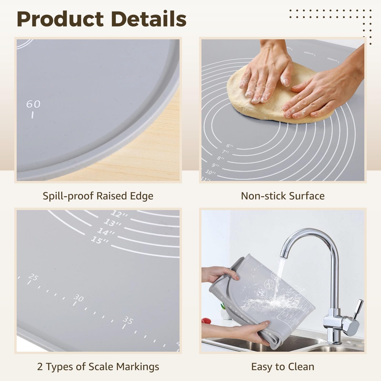 Silikon-Backmatte 31,5 x 23,6 Zoll, rutschfeste Teigmatte mit Maßangaben, extra dicke Knetmatte mit erhöhtem Rand, hitzebeständige Arbeitsmatte für Gebäck, mit Zubehör für Küche und Backtisch
