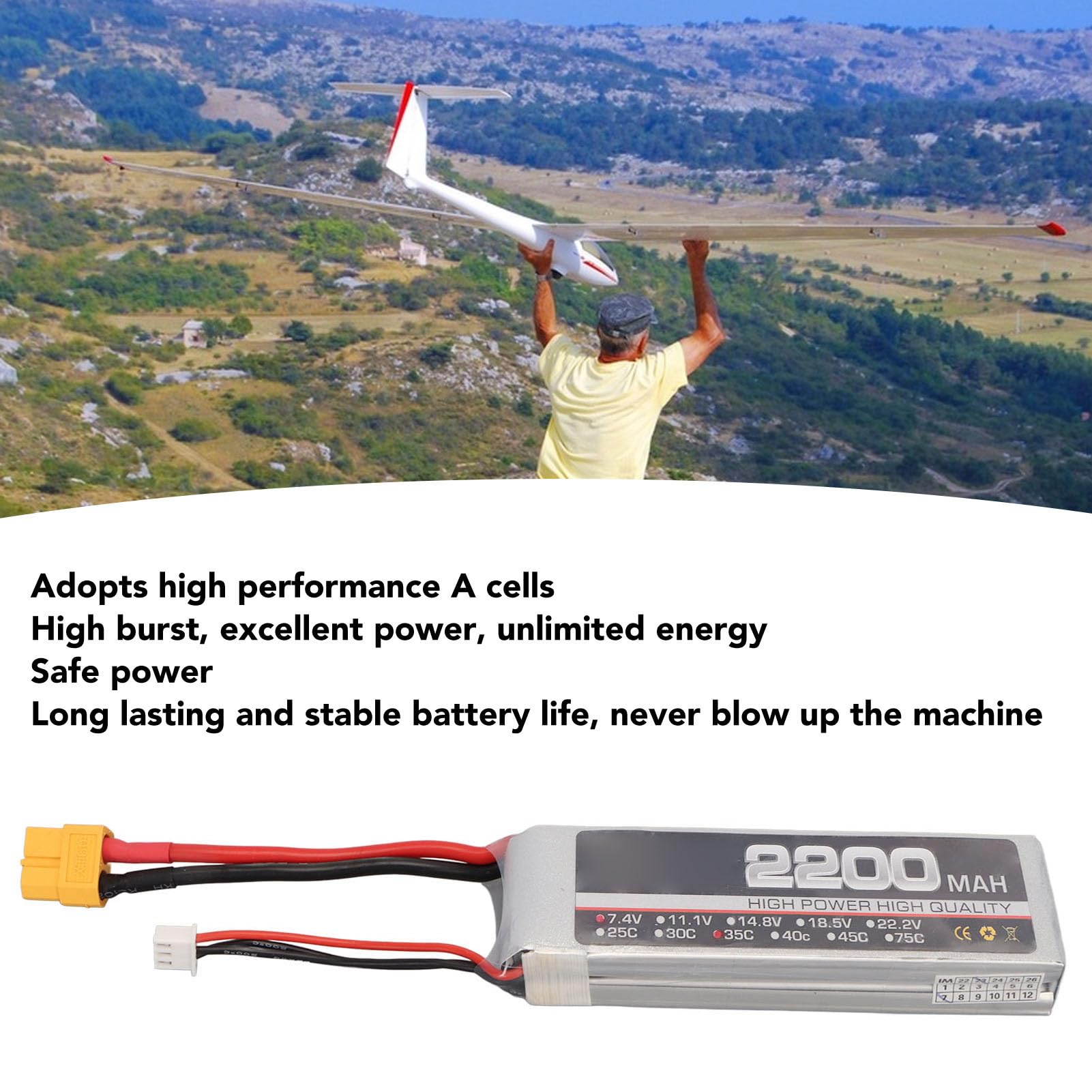 1 Pc RC Airplane Battery, LiPo Battery, 7.4V 2S 2200mAh 35C RC Airplane High Rate Lithium Battery with XH Balance Head for Replacement (XT60 Plug)