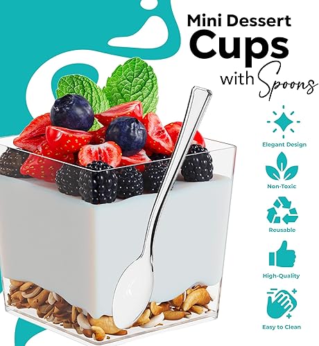 Miniatura 10 de Exquisite Mini tazas cuadradas de plástico transparente para postre con cucharas de degustación 48 unidades 36 onzas