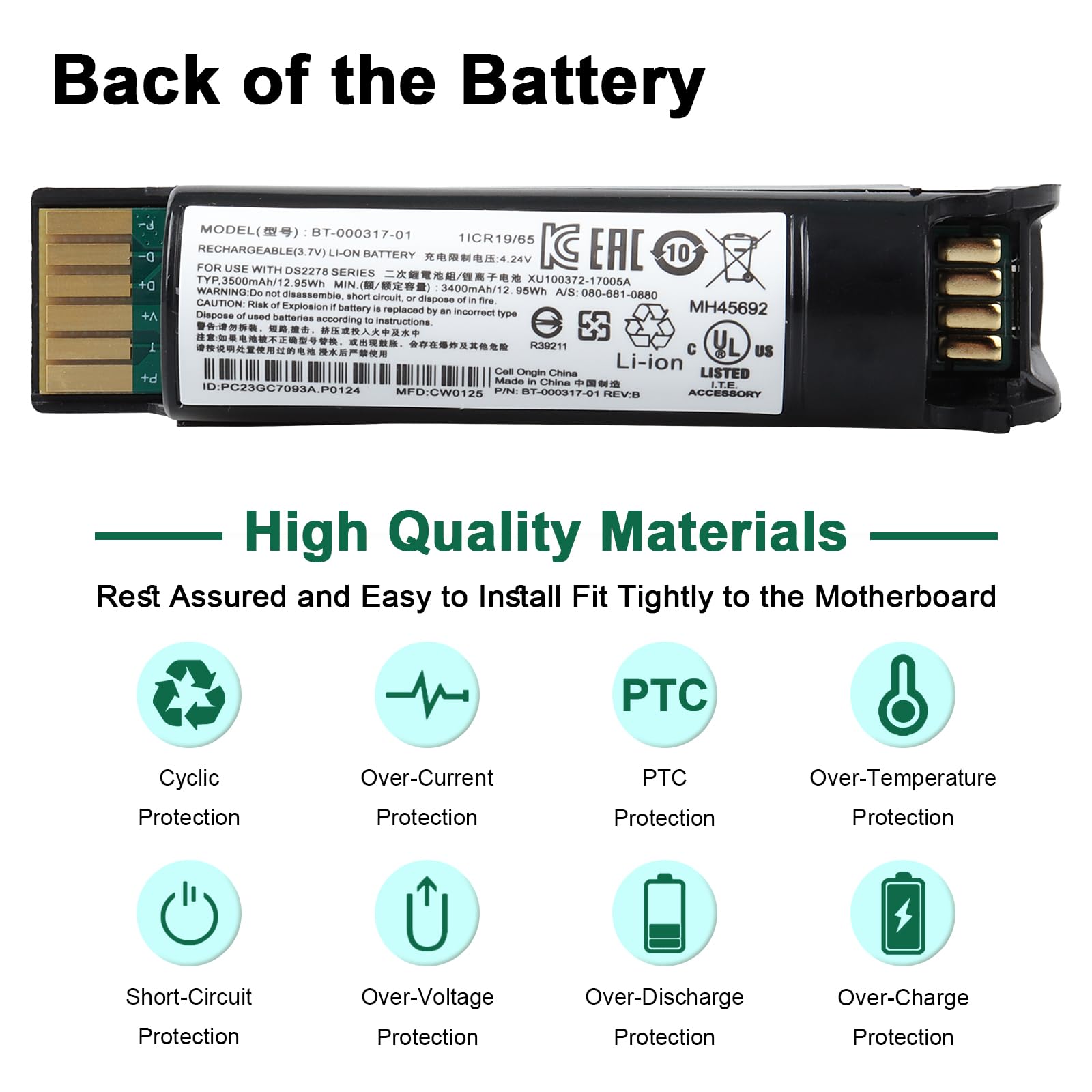 Bateria 3400mAh kompatybilna z Zebra DS22, DS2208, DS2278, DS2278SR, CR2278, CR2278-PC Series Scanner, BT-000317-01 skaner baterii 12,95 V