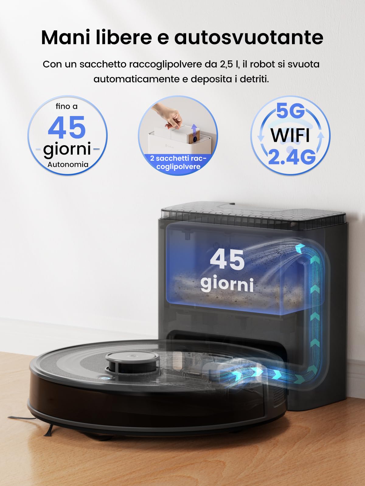 LEFANT M2 Plus Robot Aspirapolvere Lavapavimenti 3-in-1 con Stazione di Raccolta 2,2L, Navigazione Laser dToF + PSD, 6000Pa, Pulizia Personalizzata, WiFi/App/Alexa