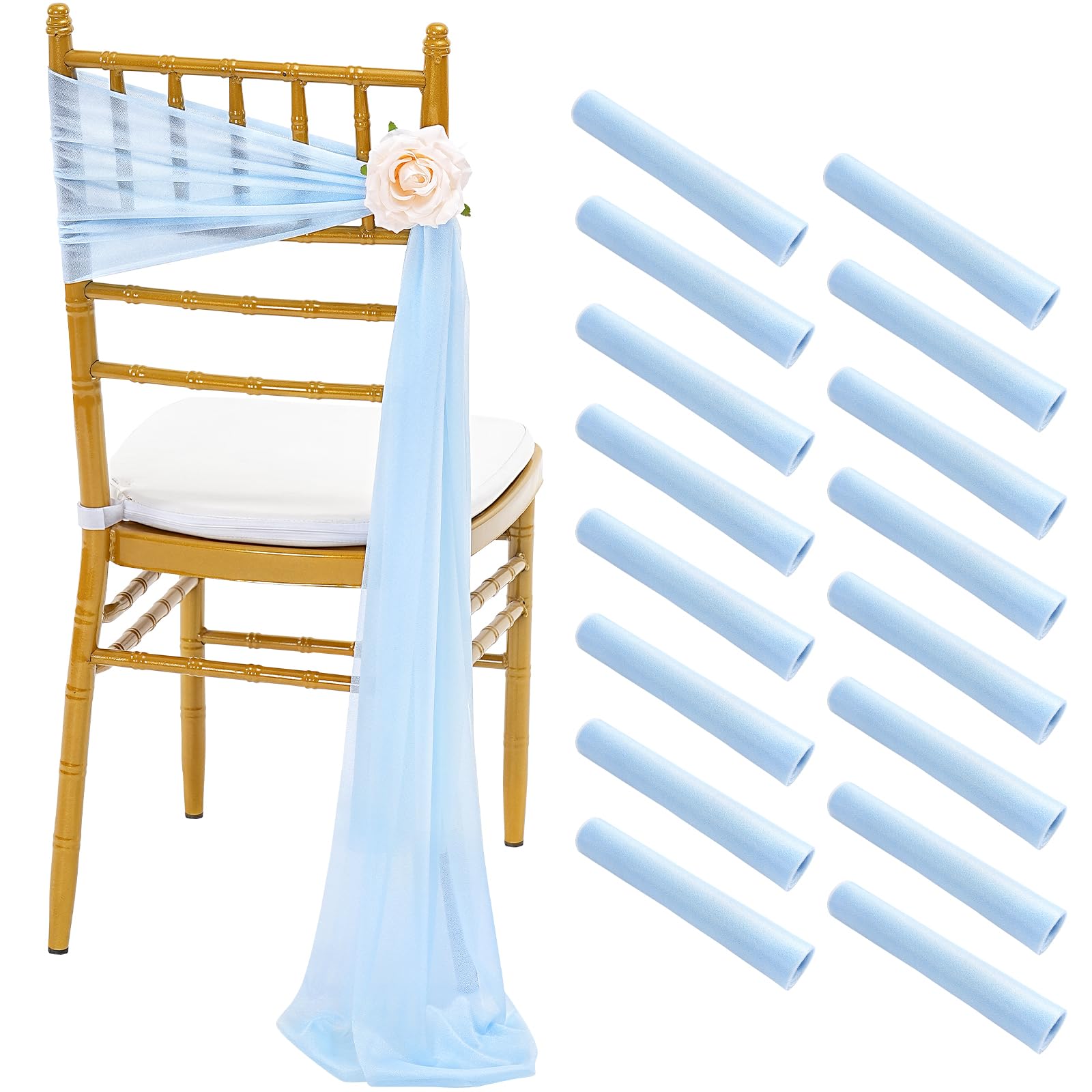 Fanqisi Light Blue Birthday Party Chair Sashes Decorations: 16 Pieces Sheer Chair Sashes - 8Ft Long Chairs Ribbons For Baby Shower Dinner