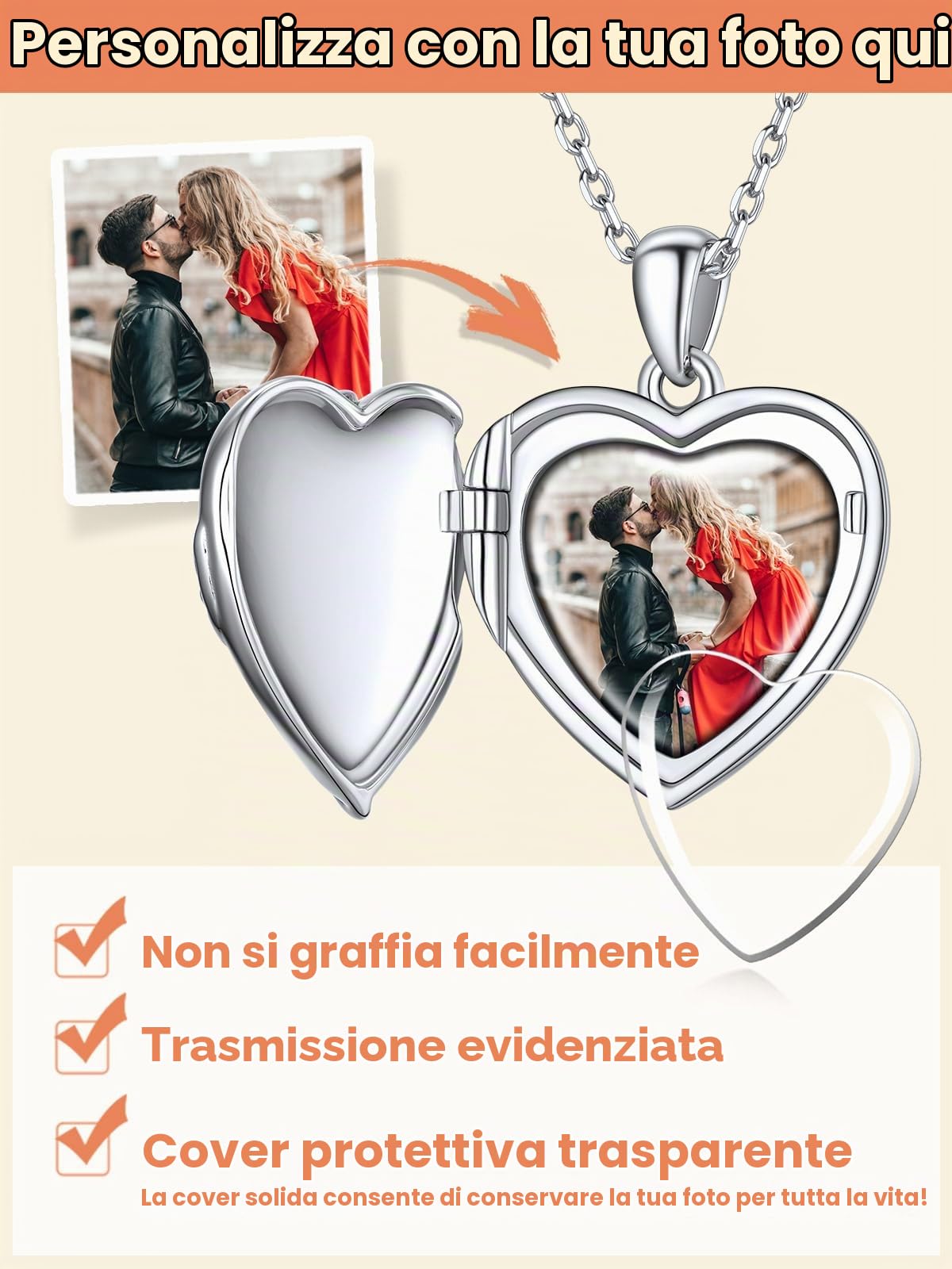 Supcare Collana con Foto Personalizzata, Cuore Locket Collana Donna Argento 925, 7 Stili Medaglione Ciondolo Portafoto, Argento/Oro/Oro Rosa Collana Personalizzata con Foto, Idee Regalo Donna Mamma