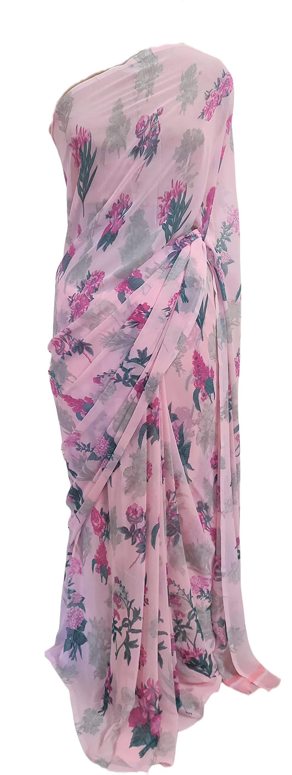 Anvi Creations Baby Pink Floral Printed Georgette Saree with Blouse SF06
