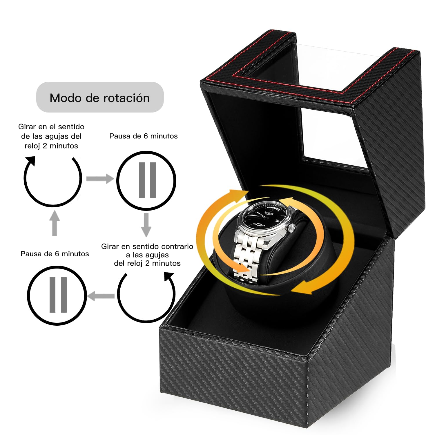 Caja de enrollador de Reloj automático, Caja de Reloj de Cuero Single Watch enrollador PU con Motor silencioso, Alimentado por batería o Adaptador Watch Winder