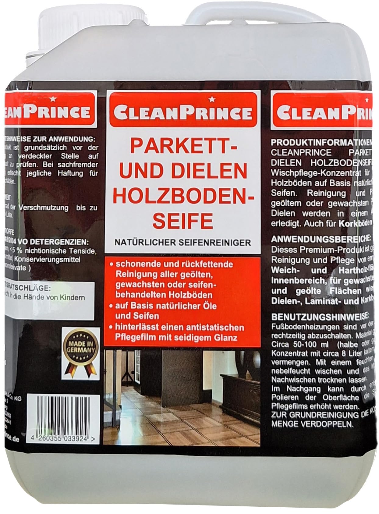 CleanPrince 5 Litros 5000 ml Jabón De Madera Suelos Limpiador Producto Limpieza enceradas tratado con madera, limpieza, en base aceites naturales y Jabones