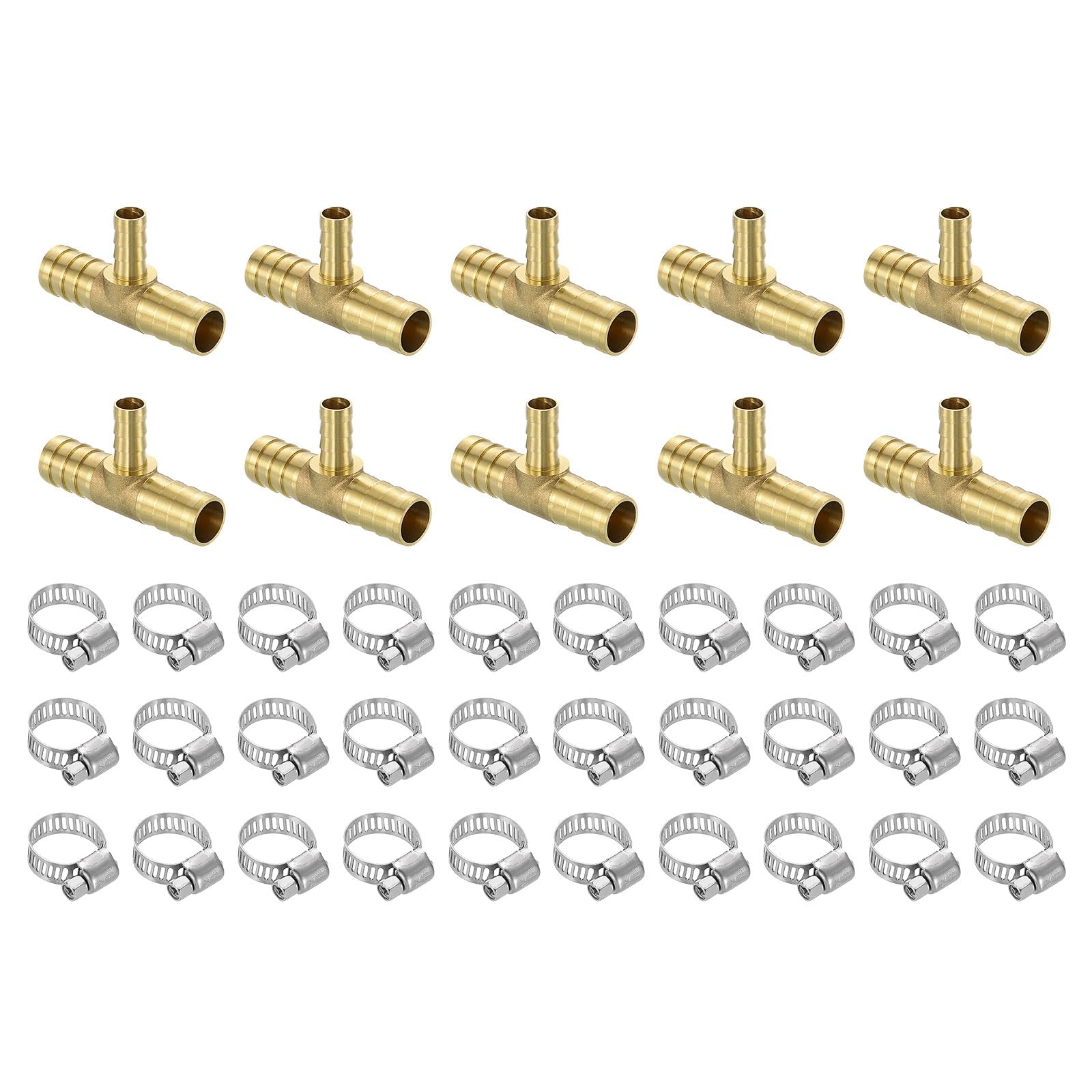 QUARKZMAN 10 piezas de Conectores de Manguera de Latón, Tee de 3 vías 5/8" Barbed x 3/8" Barbed x 5/8" Barbed Reductor de Manguera, Conector de Tee de Latón con 30 abrazaderas de manguera