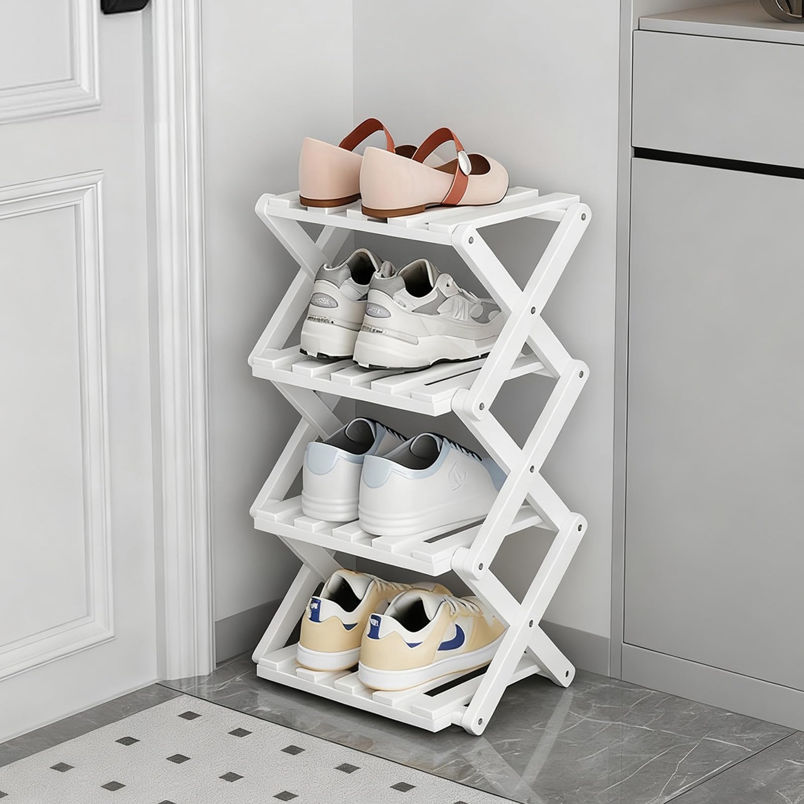 GIRYES Small Shoe Rack White, 4 Tier Bamboo Foldable Shoes Organizer Free Standing Shelf for Entryway, Bedrooms, Closet, Living Room Corner | No Installation Required