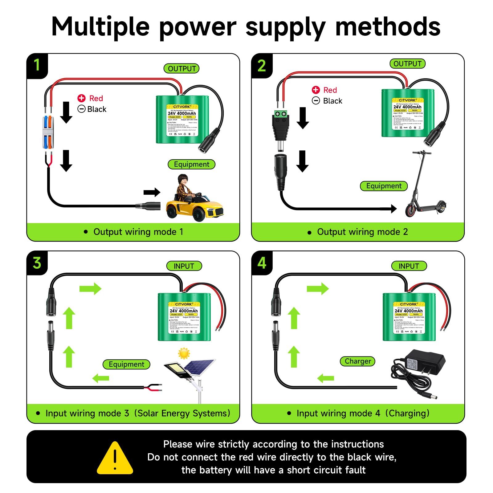 CITYORK Batería de litio de 24 V 4000 mAh y cargador, cable de extensión, conexión de cable para proyectos de bricolaje, farolas solares, cámara CCTV, altavoz, pulverizador y más