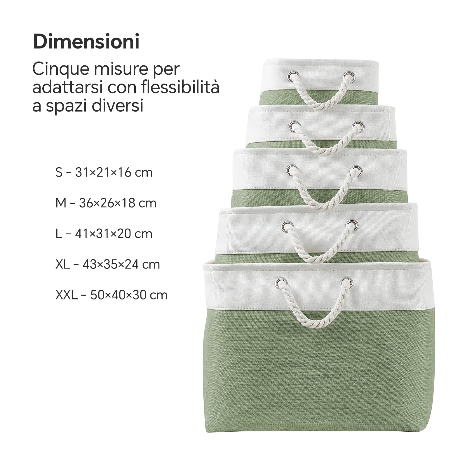 Mangata cestino portaoggetti in morbido tessuto, scatola con manici a corda, contenitori rettangolari per armadio, guardaroba, bagno, scaffale, 50 x 40 x 30 cm, verde e bianco
