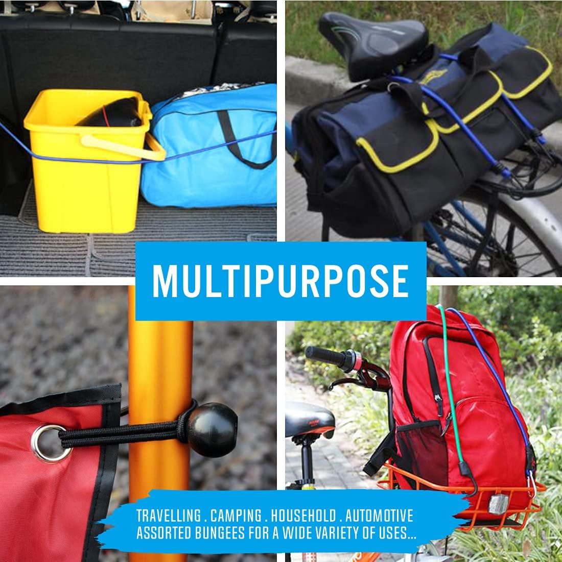 ZIOKOU 24 Piece Premium Bungee Cords with Metal Hooks, Tough and Durable Bungee Cords Assortment with Storage Jar – Includes 10", 18", 2", 32", 40" Bungee Cords and 7.5" Canopy/Tarp Ball Ties(24 pcs) - - 