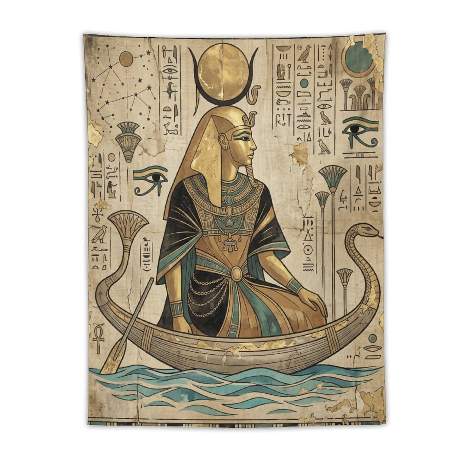 W7C8U2X3 Egyptian Queen Boat Wall Tapestry, Egyptian Papyrus, Gold Jewelry