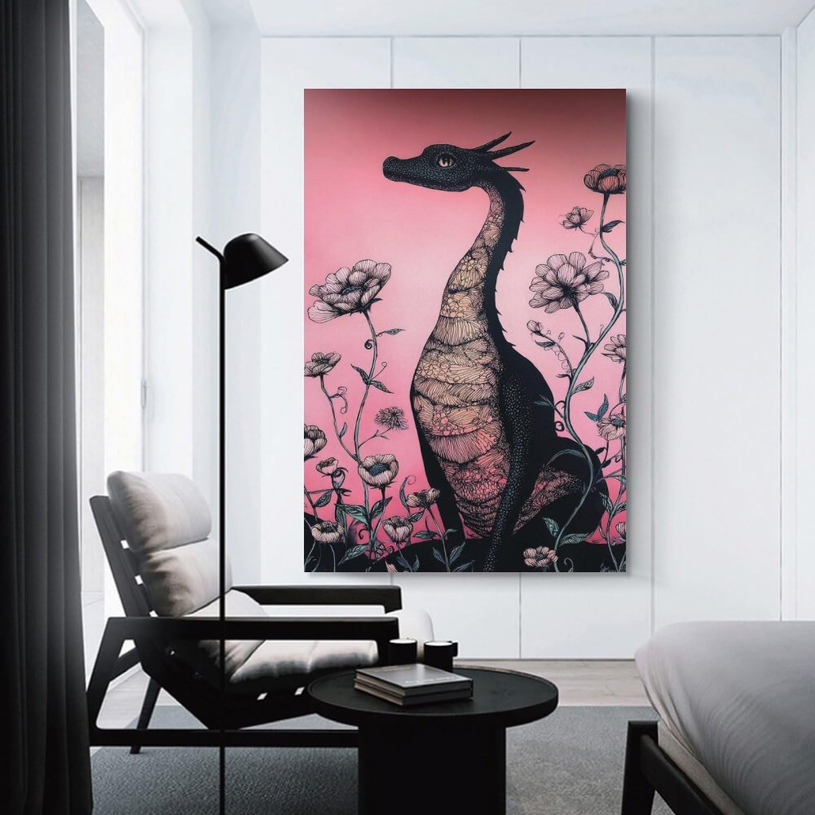 Junmoney Dragon Among Flowers on Pink Background Decorative Canvas Print, 12x18inch(30x45cm), for Gallery Wall Decor And Room Displays, Wall Decor Suited to Curated Displays