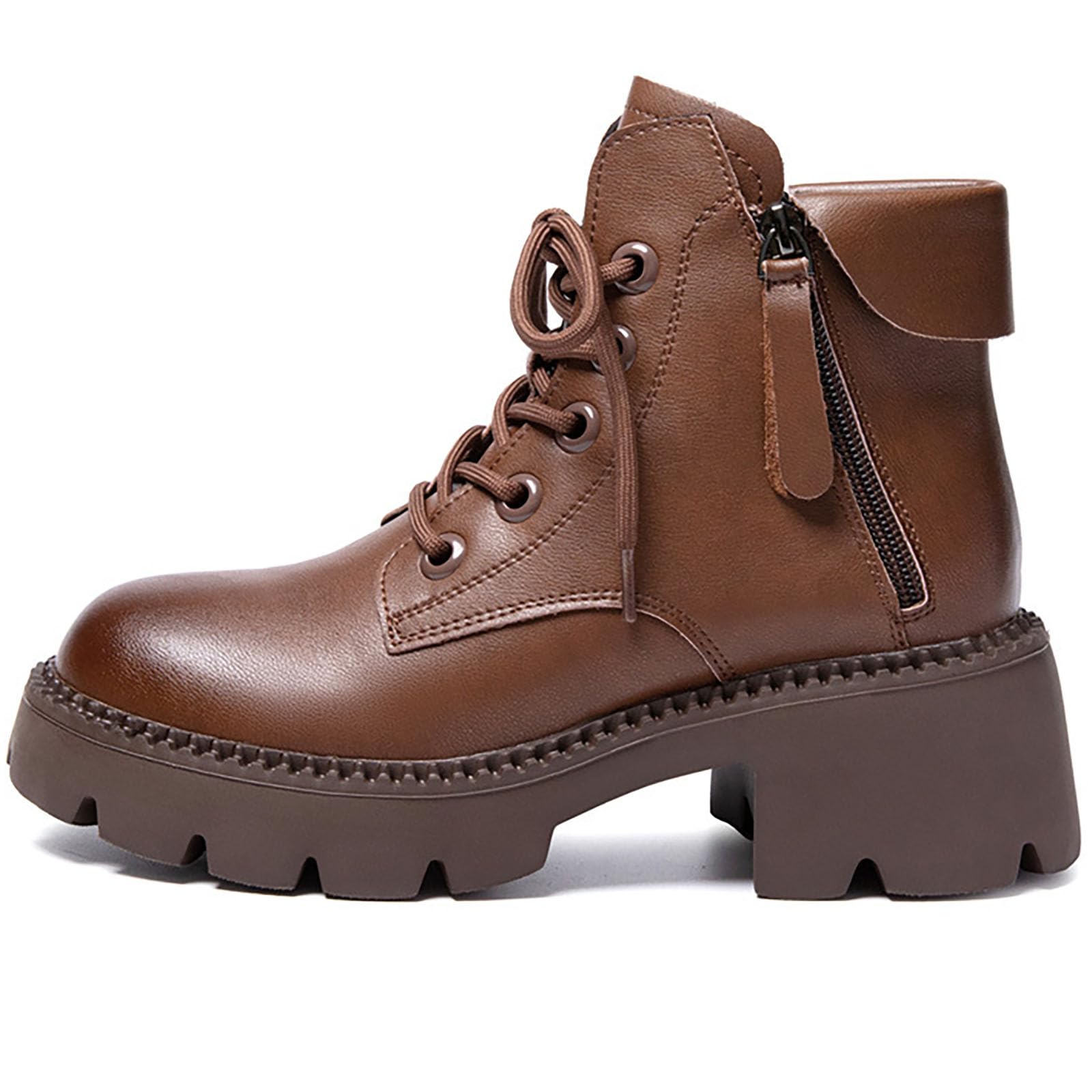 Womens Leathe Platform Block Heels Combat Ankle Boots Fashion Round Toe lace-up with double Side Zipper 2 4in