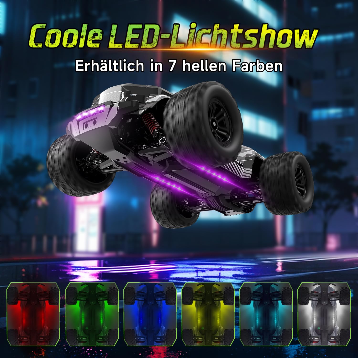 Voiture télécommandée 1/14 RC avec 7 lumières de couleur, 40 km/h, camion monstertruck Rc Truck, 2,4 GHz RC avec deux piles, 4WD étanche RTR tout terrain, poussette RC pour enfants et adultes