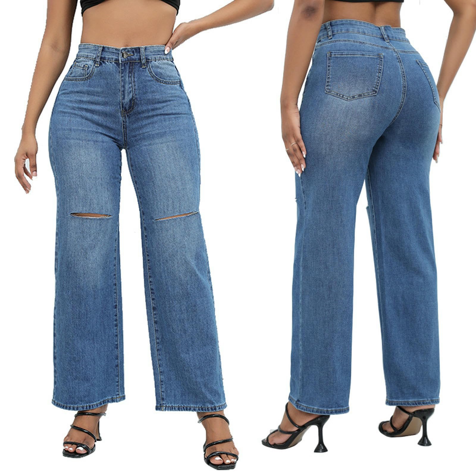 Jeans da Donna Strappati Elasticizzati - Boyfriend A Vita Alta Gamba Larga Donna-Blu Scuro-XL