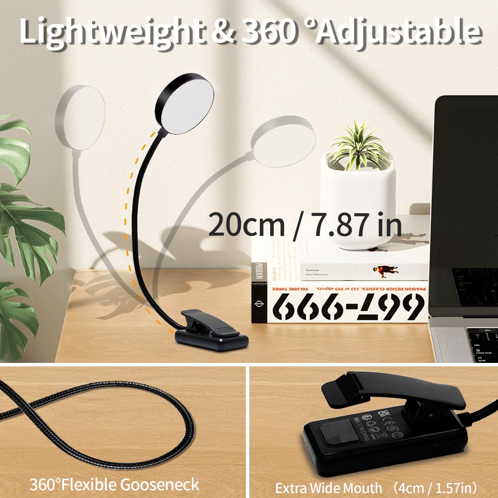 LQWELL® Lampe De Lecture Rechargeable USB - Lampe Livre Lit 3 Températures 10 Niveaux - Flexible 360° Blanc