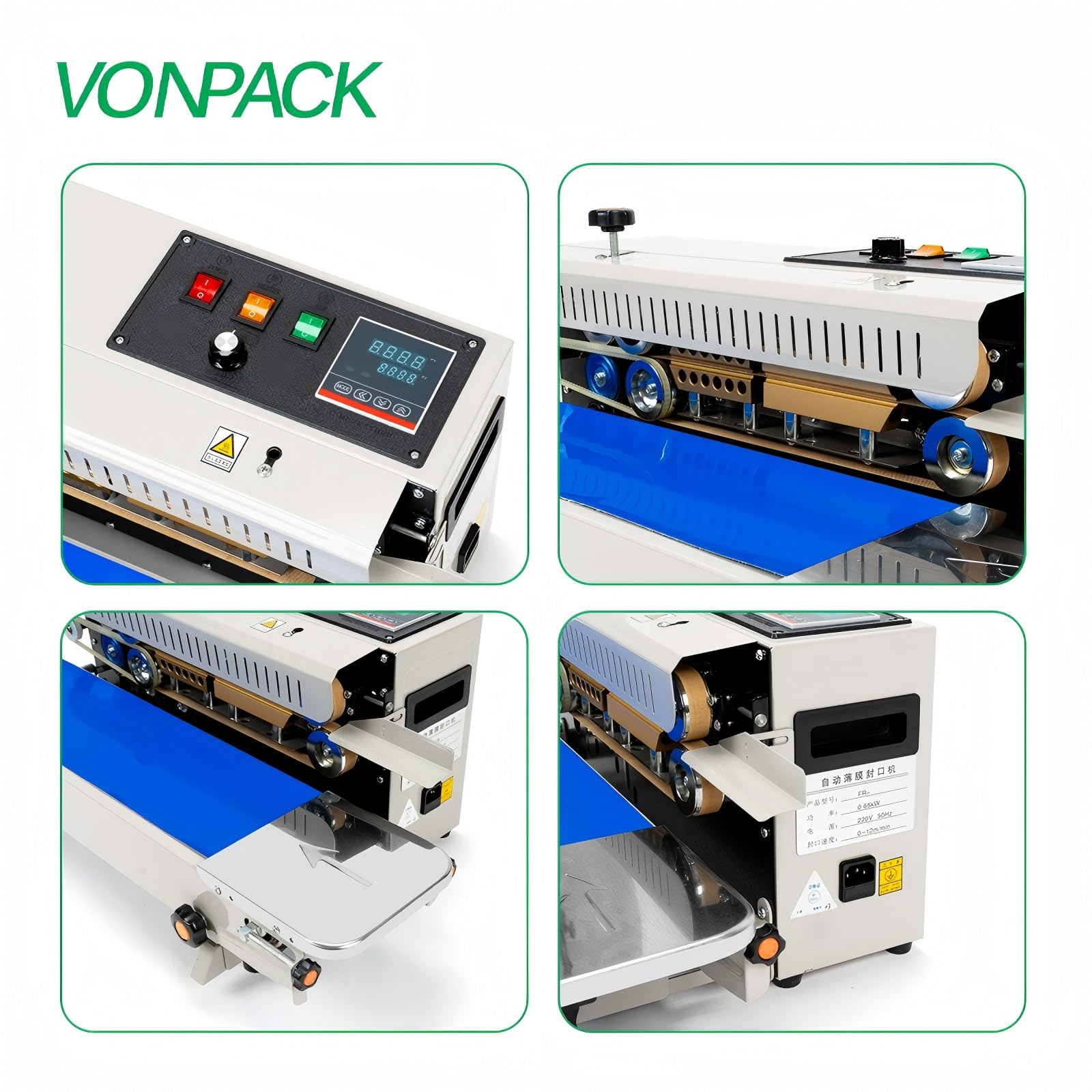 VONPACK FR-900 Máquina automática de sellado de banda continua, sellador de bolsas, fábrica industrial, máquina de embalaje de cocina, sellado térmico, control inteligente de temperatura ajustable