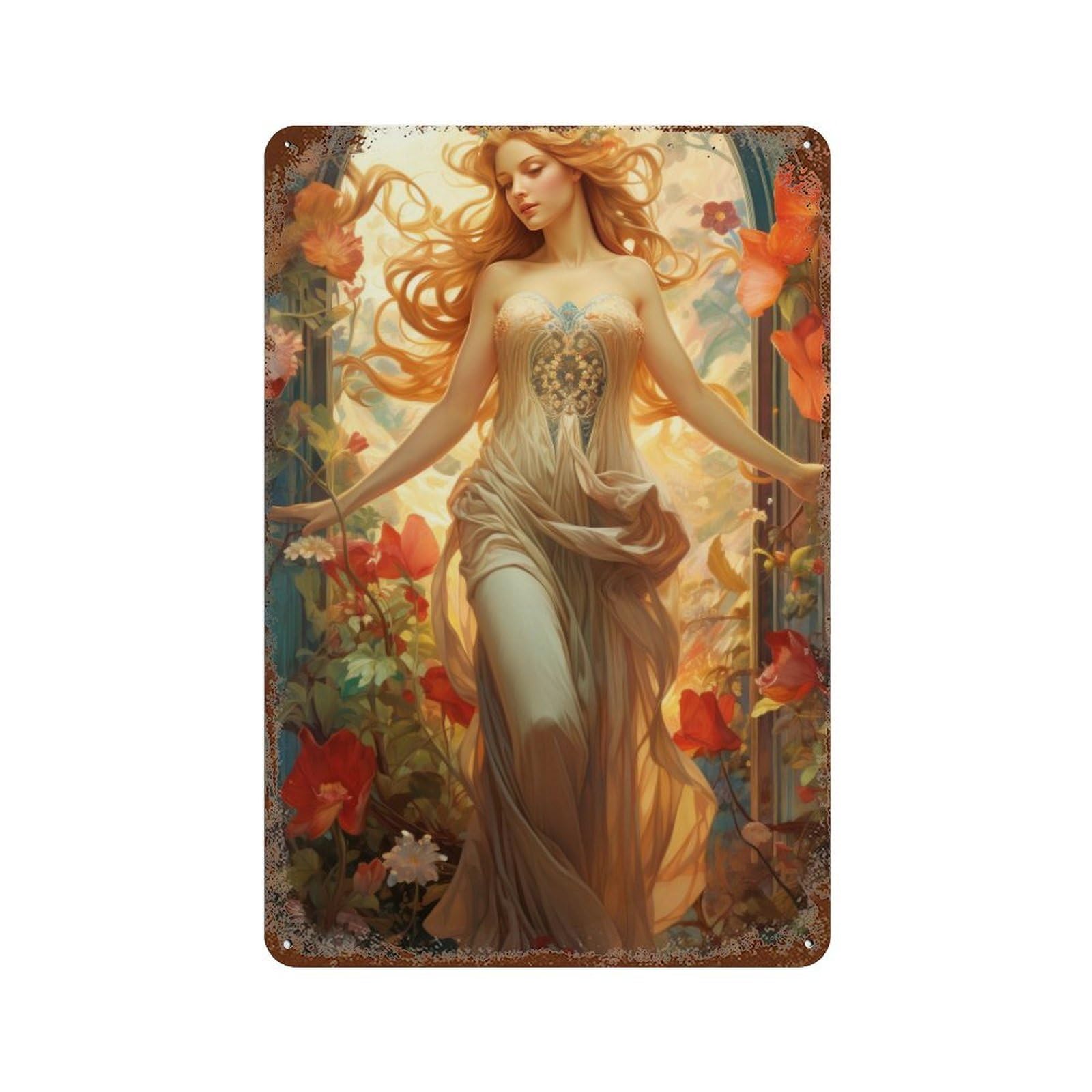 Distressed Metal Wall Sign with Fantasy Garden Goddess Design 11.8"x7.9", for Shed, Workshop And Garage Wall Decor, Decorative Metal Wall Art