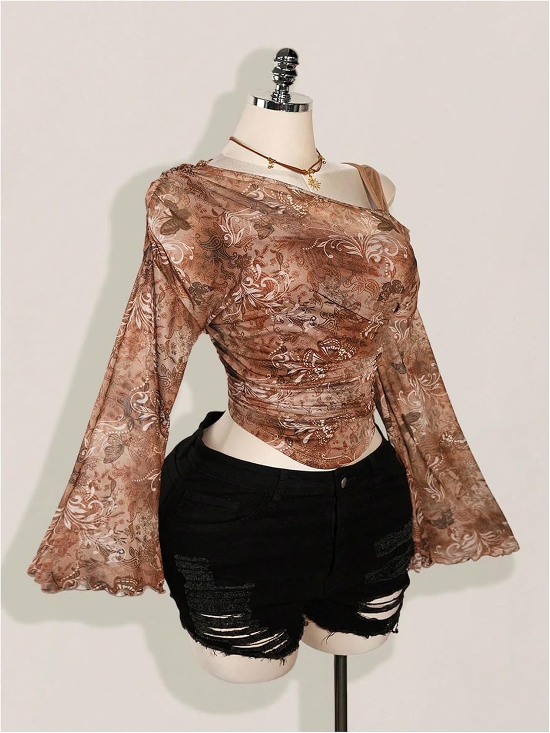 Milumia Women's Plus Size Floral Off Shoulder Mesh Tops Y2k Long Bell Sleeve Asymmetrical Crop Top - Image 2