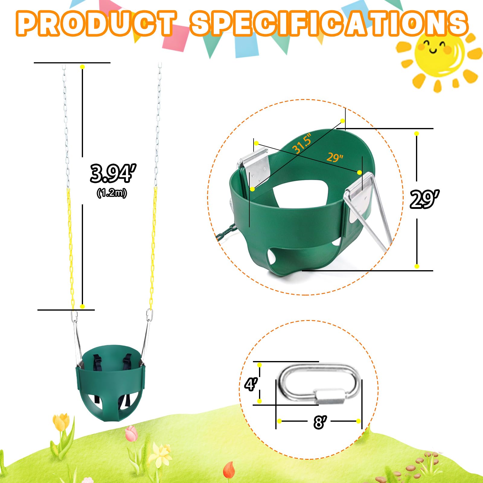 High Back Full Bucket Toddler Swing Seat with 3- Point Adjustable Safety Harness, 66 inch Detachable Chain,Suitable for Babies Aged 6-24 Months?Baby Swing for Swingset (Green)