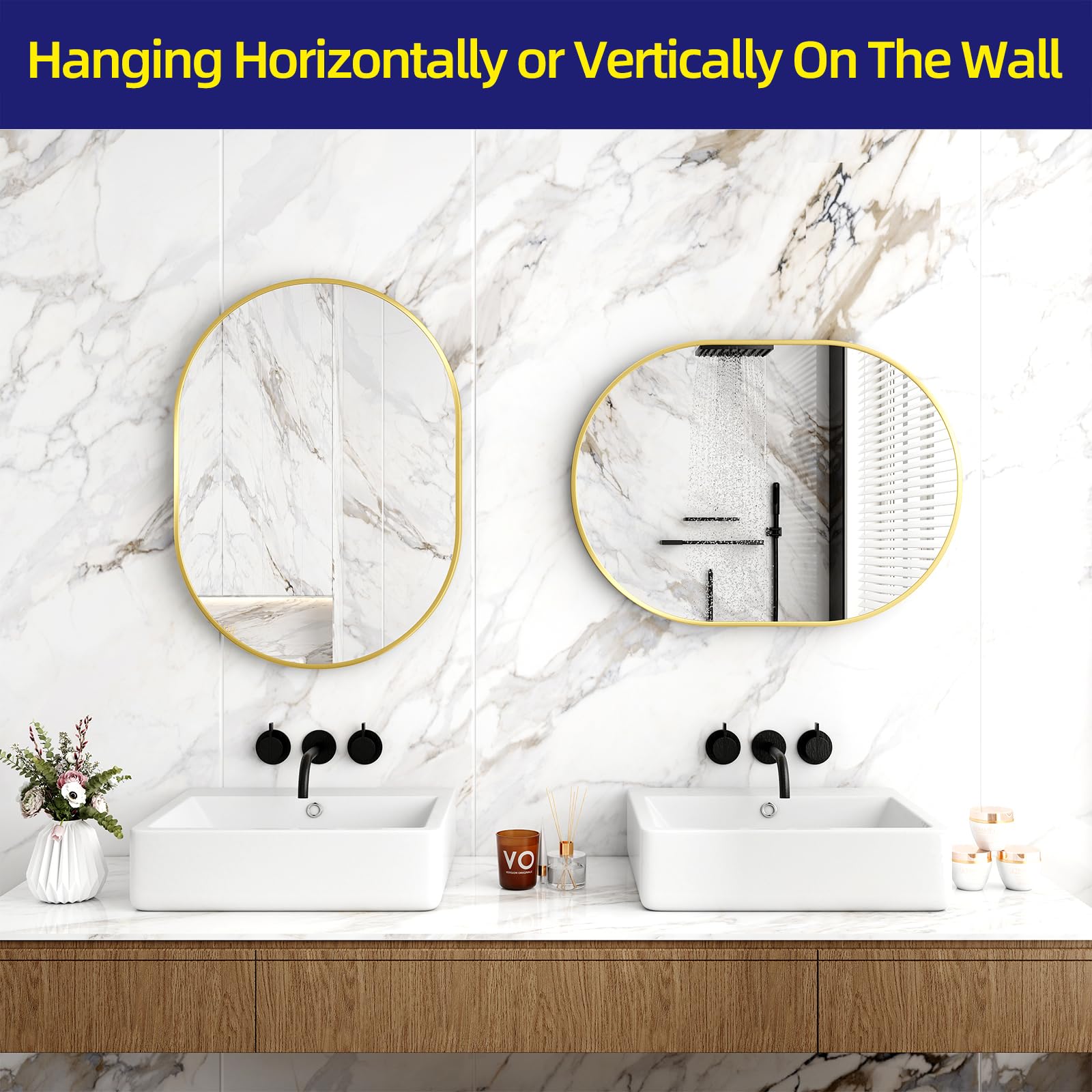 Aqoiiop Specchio ovale da bagno da 55 x 76 cm, specchio ovale dorato, specchio da bagno con cornice in metallo per parete, specchi da parete per camera da letto, soggiorno, ingresso