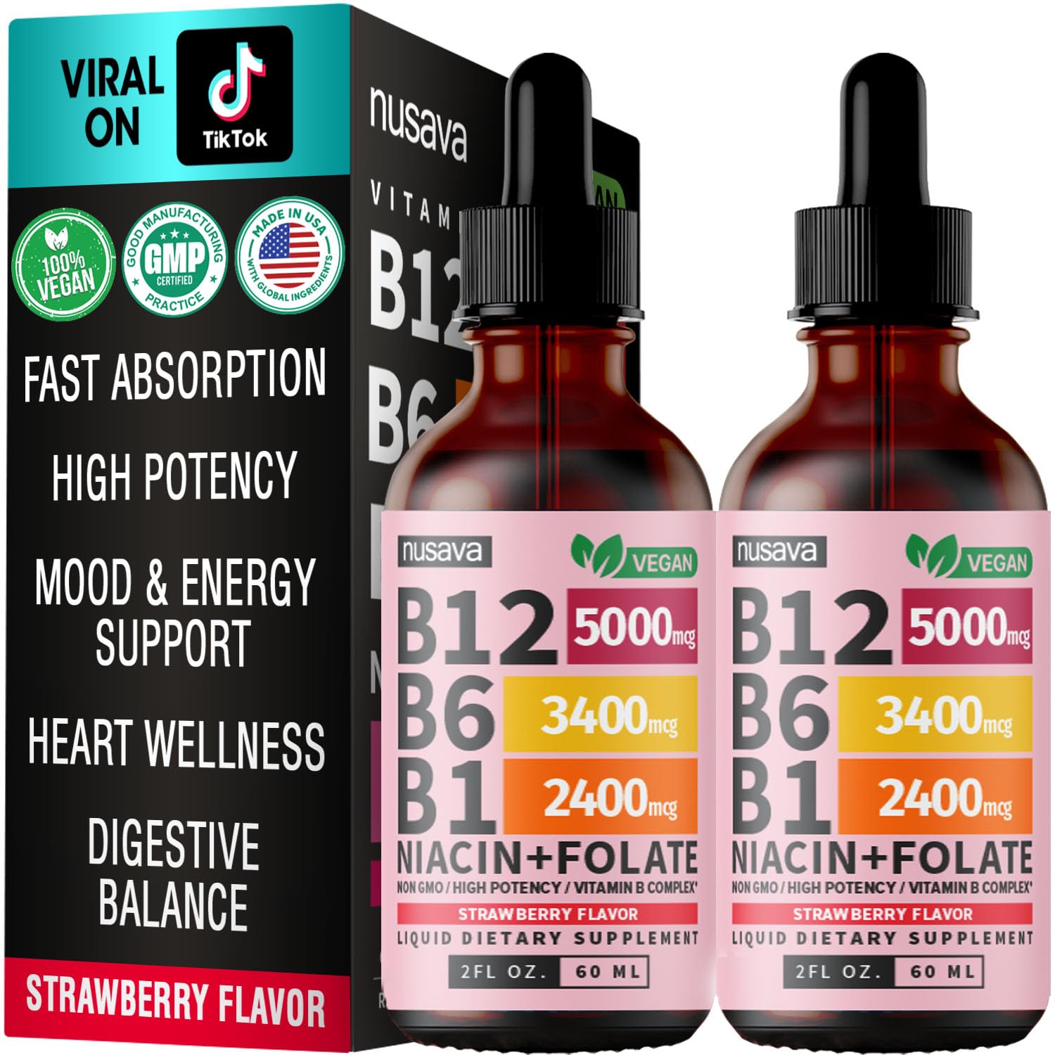 (2 Pack) Vitamin B12 and B6 Liquid Drops, B12 Sublingual Vitamin B Complex - B 12 Vitamin 5000mcg - B12 Methylcobalamin for Energy, Brain, and Heart Support with 27,200 mcg, Strawberry, 80 Servings