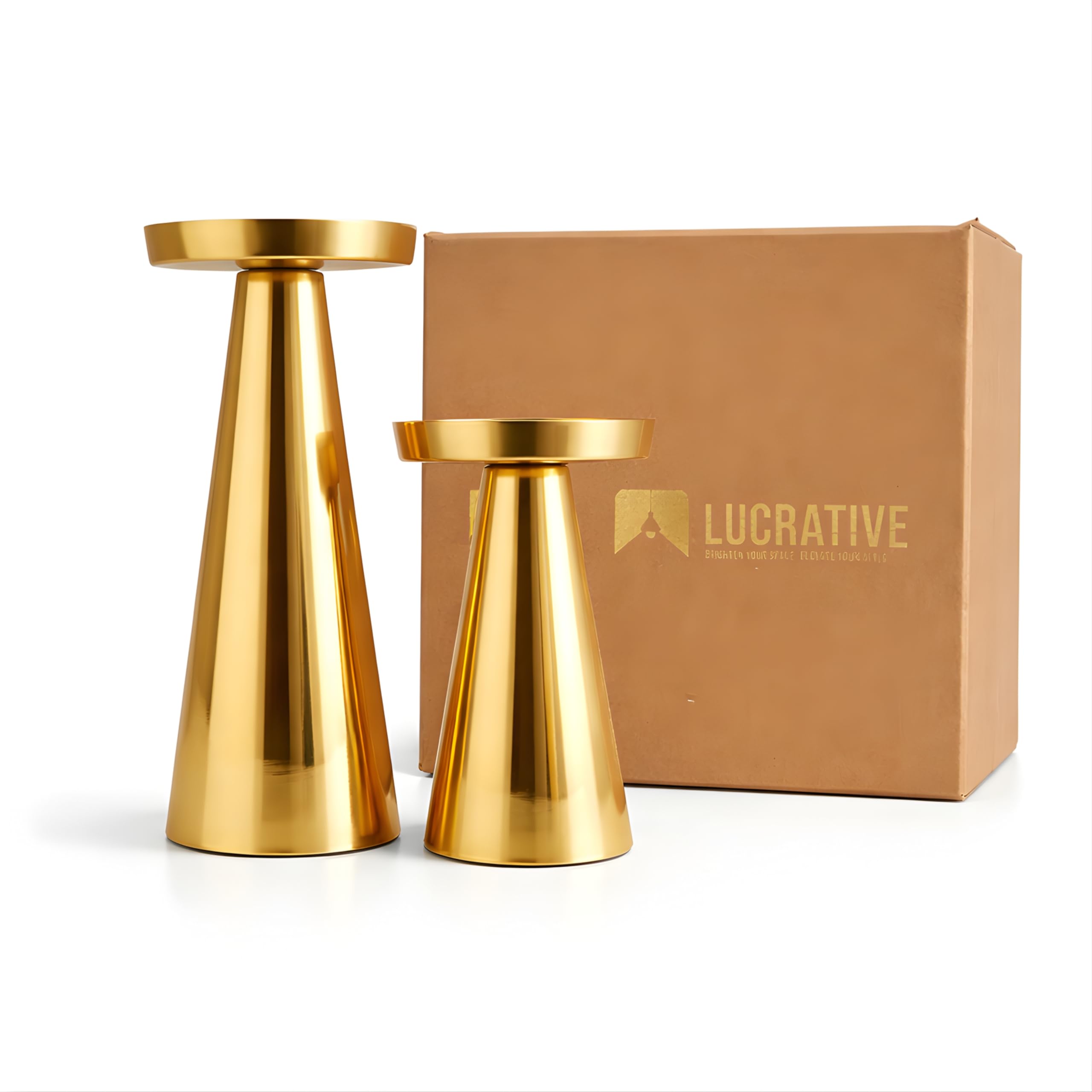 LUCRATIVE Gold Metal Candle Holders – Handcrafted Modern Pillar Stands, Decorative Table Centerpiece for Dining Table, Living Room, Bedroom & Wedding Home Decor, Set of 2 (Candles Not Included)-image-1