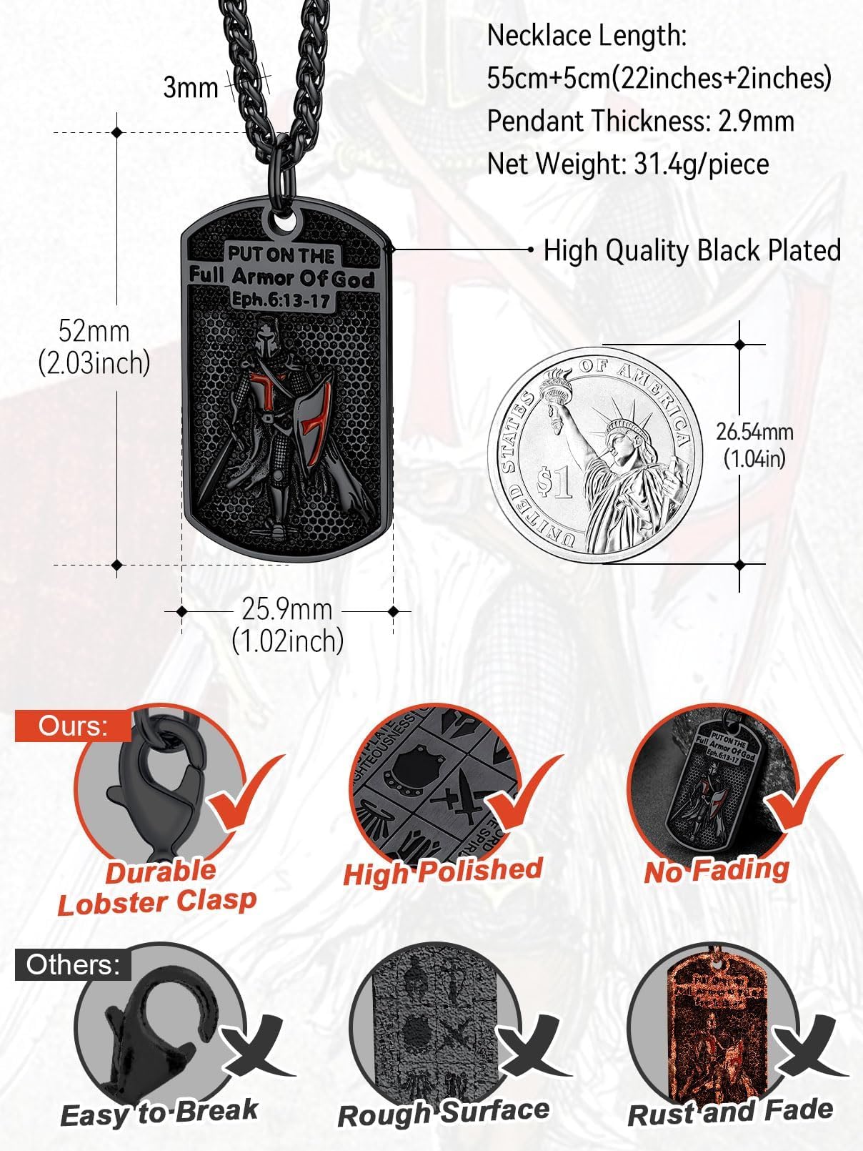 FaithHeart Collana con sigillo dei cavalieri templari, gioiello per uomini e donne, con delicata confezione regalo