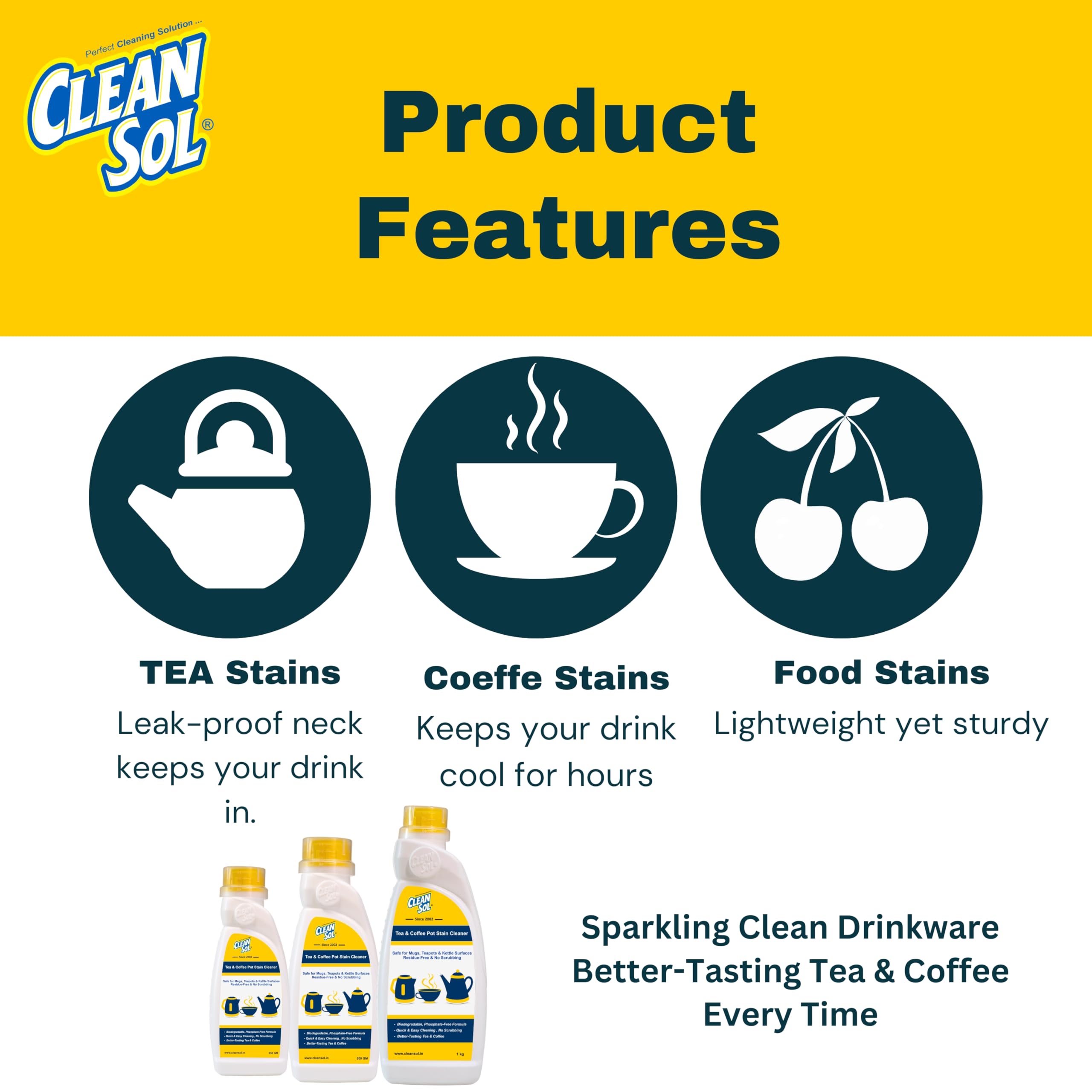 Cleansol Tea & Coffee Pot Stain Cleaner Powder | Safe for Mugs, Teapots & Kettle Surfaces | Residue-Free & No Scrubbing - 250 Gram 3