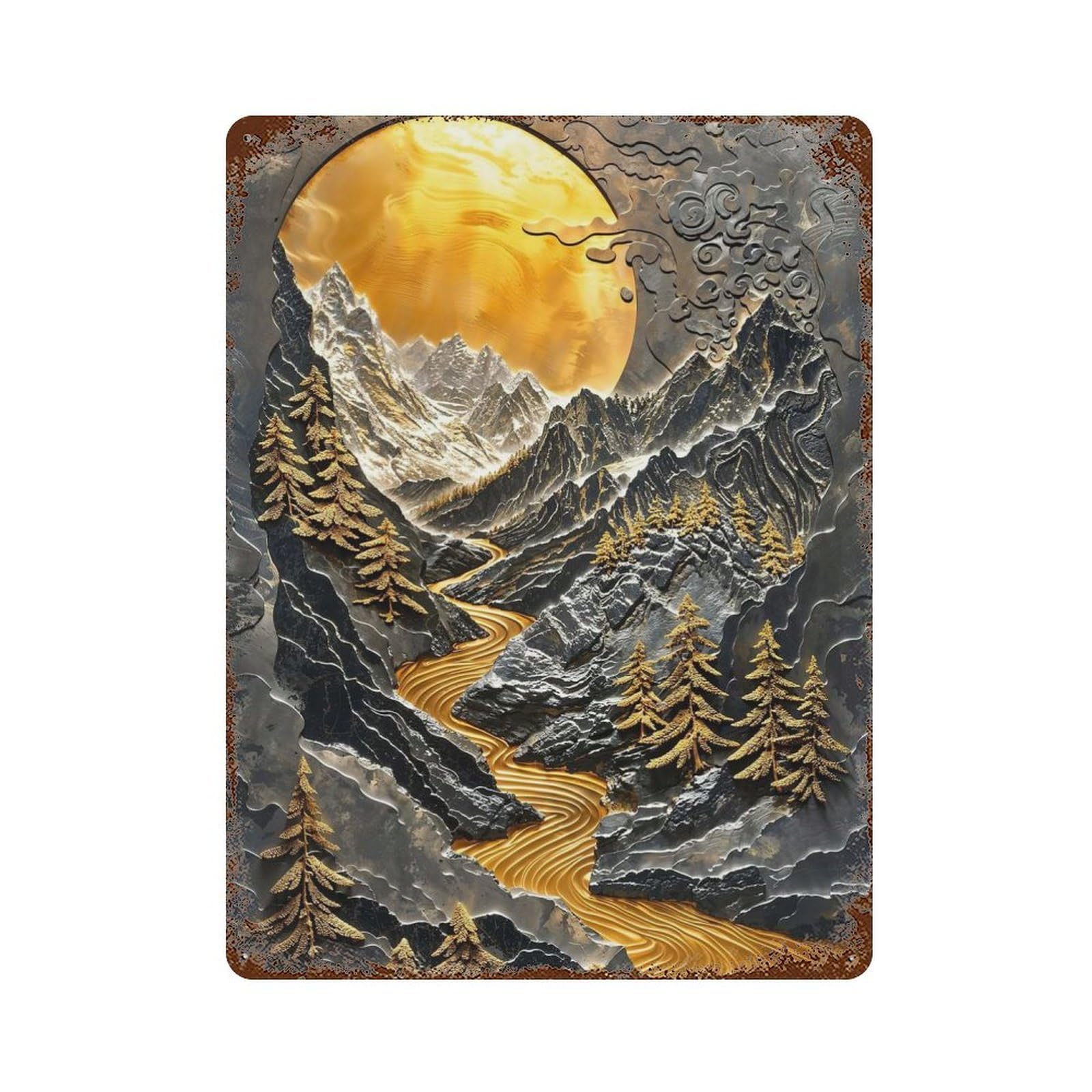 Decorative Tin Sign with Golden River Sunset Design 15.7"x11.8", for Basement, Hobby Room And Garage Decor, Rustic Home Decor