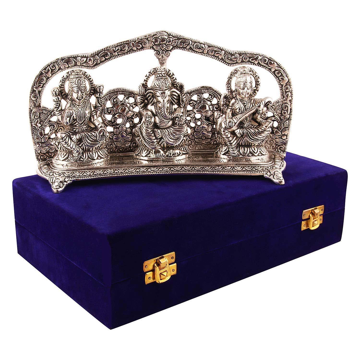 Silver Plated Laxmi Ganesh Saraswati Idol - Elegant Velvet Box Packing - Perfect for Anniversary, Wedding, Housewarming, and Diwali Gifting