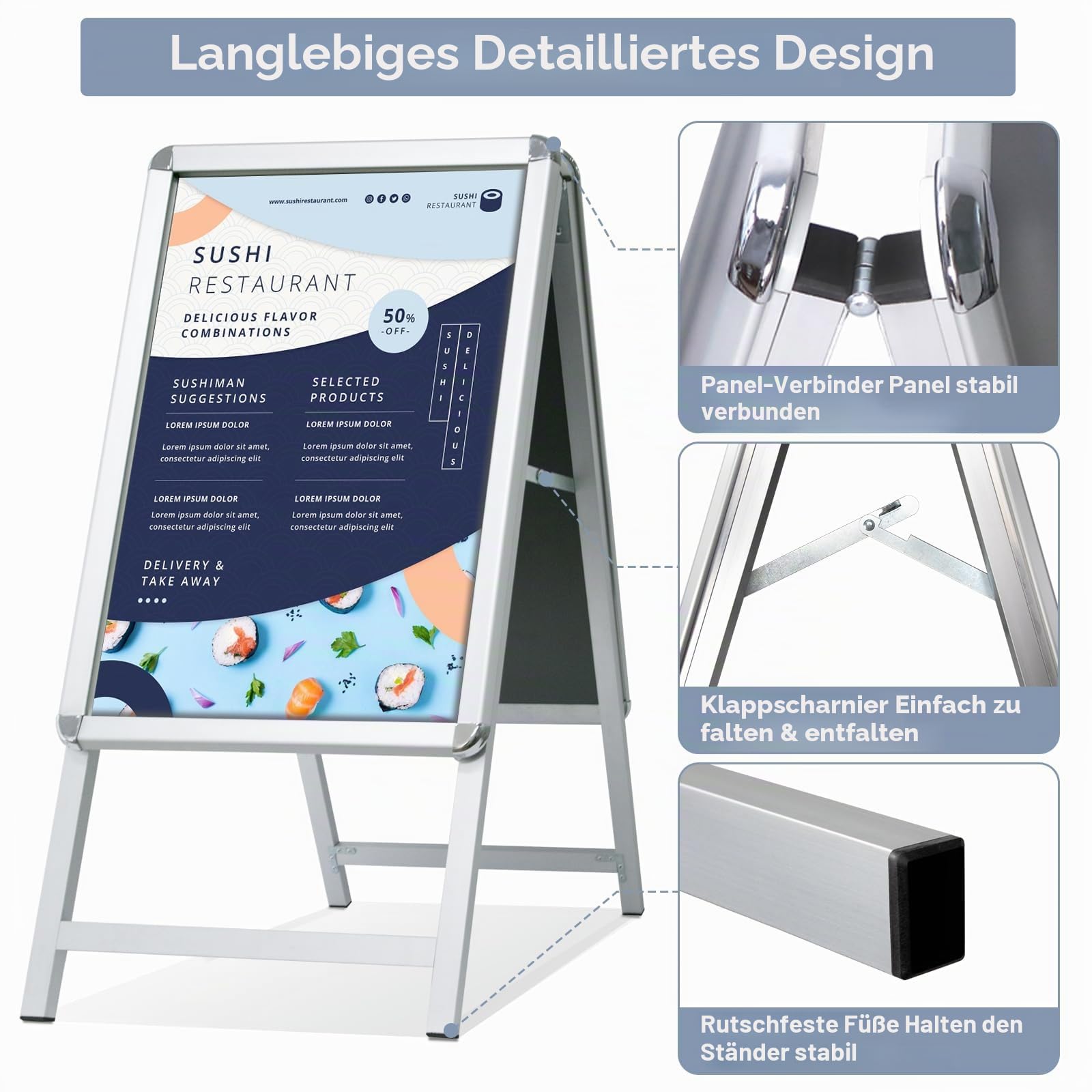 Gehweg-Schilderrahmen mit doppelseitigem Display, A-Board, Posterständer und Schilderhalter für Werbung (Silber-A1)