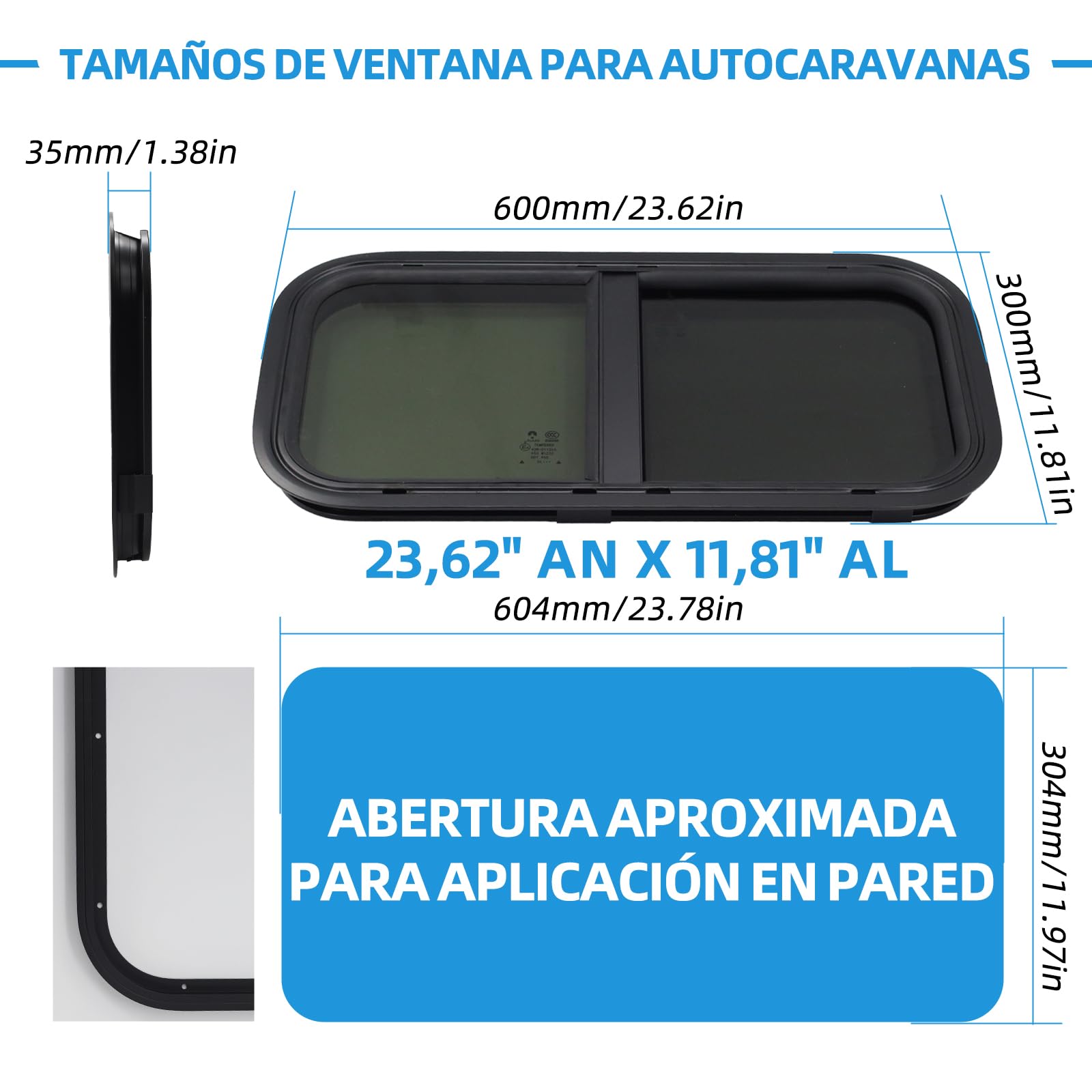 Ventana lateral para autocaravana, ventana deslizante tintada con mosquitero, adecuada para autocaravanas, caravanas y remolques (600×300mm) - Negro