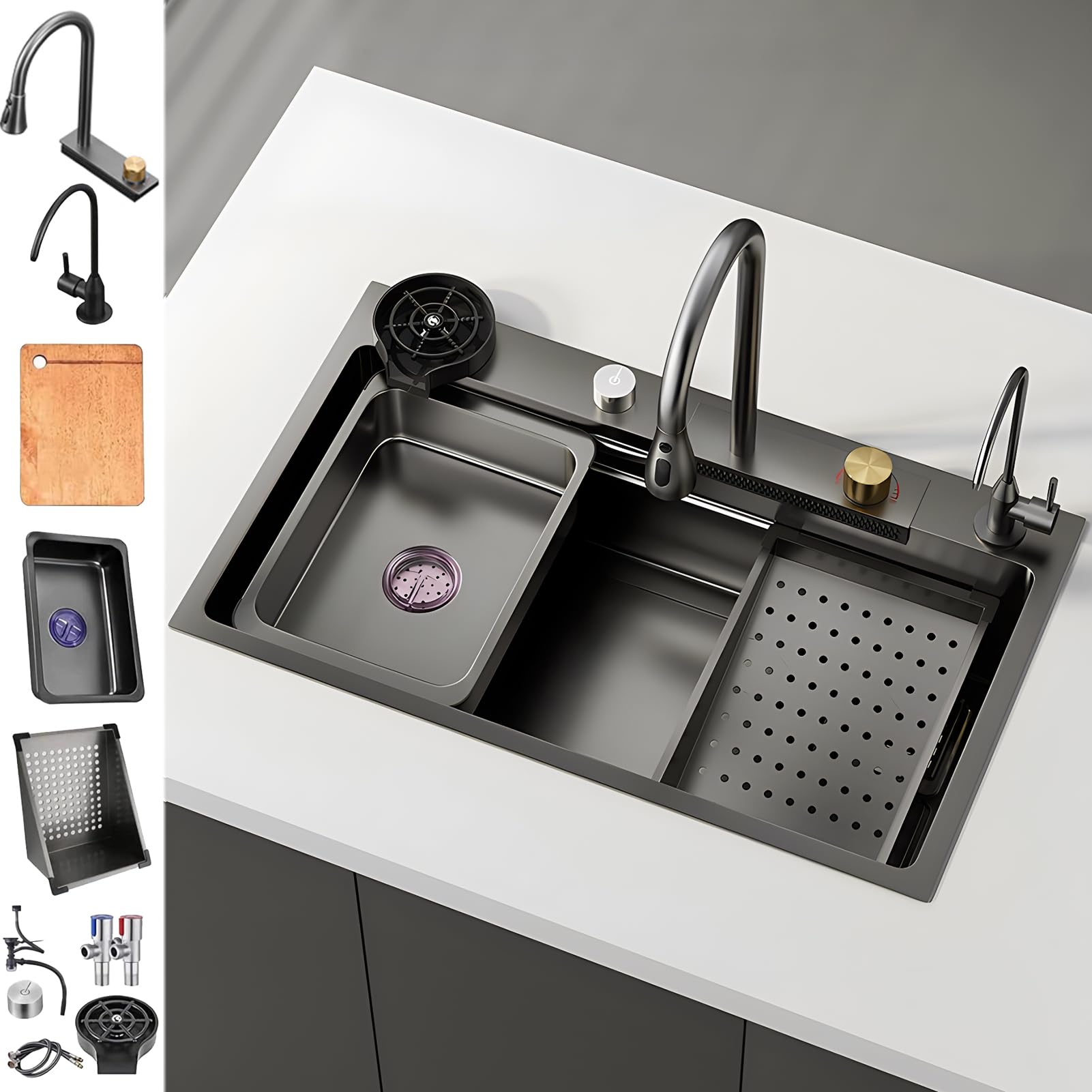 ZQFHSX Single Bowl Kitchen Sink, New Stainless Steel Waterfall Sink,Bar With Cup Washer Sinks, Farmhouse Workstation Sink,Black-Grey (Size : 75x46cm)