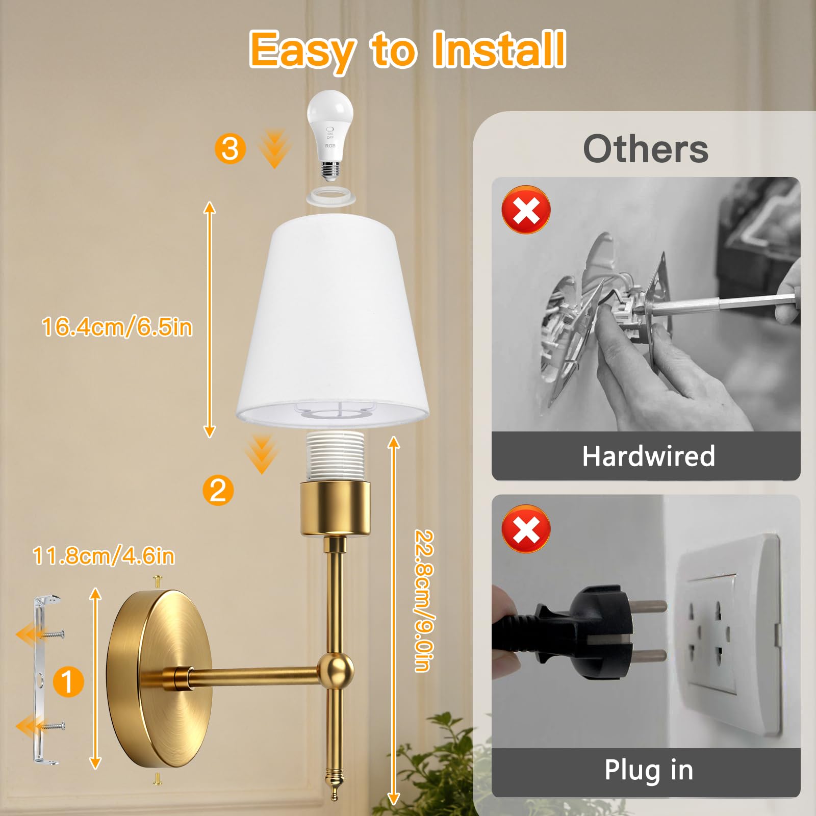 Applique da Parete Ricaricabili LED con Batteria, Oro Lampade da Parete per Camera da Letto, Applique da Parete Interno con a Distanza, 3 Colori Luminosità con 12 Colori RGB per Soggiorno Scale