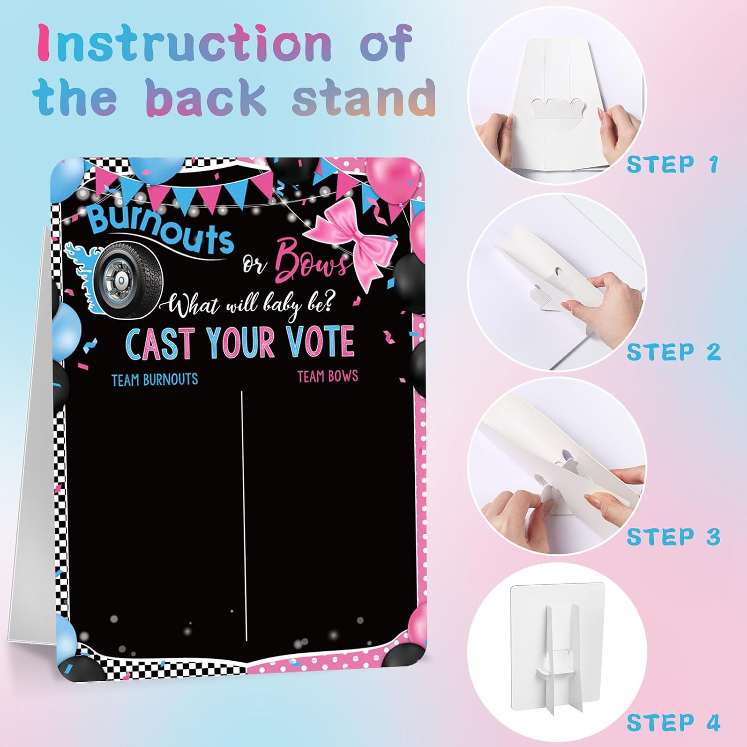 Poen Burnouts or Bows Gender Reveal Game Board with Stand, 60 Pink Bow & Cool Wheel Stickers, Cast Your Vote Baby Shower Party Supplies, Boy or Girl Guessing Game Decorations for Gender Reveal Party image 2