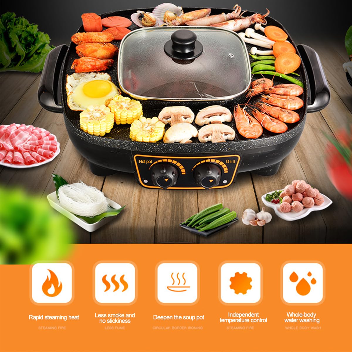 Electric Hot Pot with Grill, 2-in-1 Korean BBQ Grill Indoor Hotpot Pot Electric Combo,Shabu-Shabu Pot BBQ Grill Smokeless Non-stick Separate Dual Temperature Control,Large 2.8L for 2-10 People, 110V