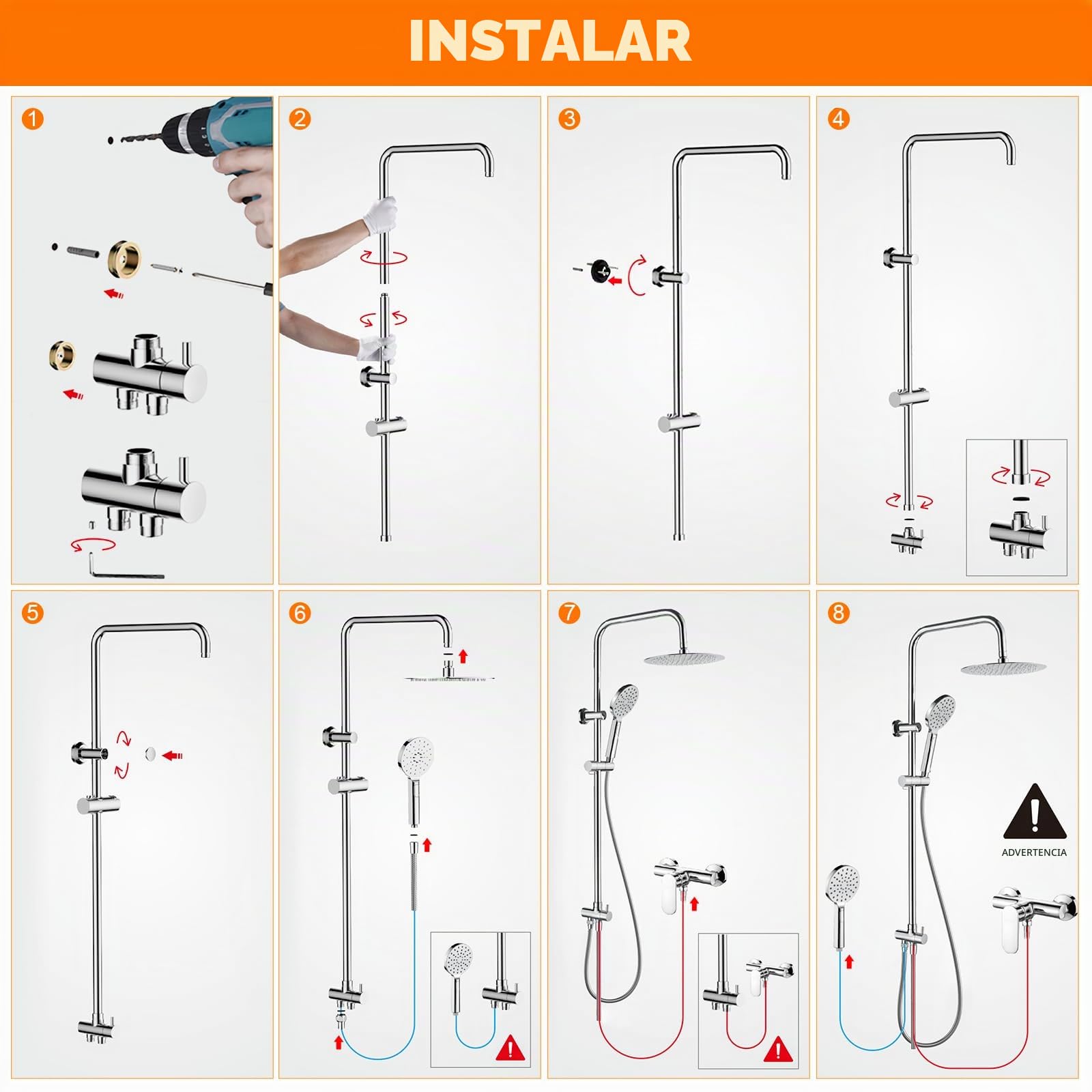 GRIFEMA Columna de ducha sin grifo mezclador con rociador redondo de 25 cm, teleducha de 3 funciones, flexo de ducha y soporte, Cromo, con desviador, G7005