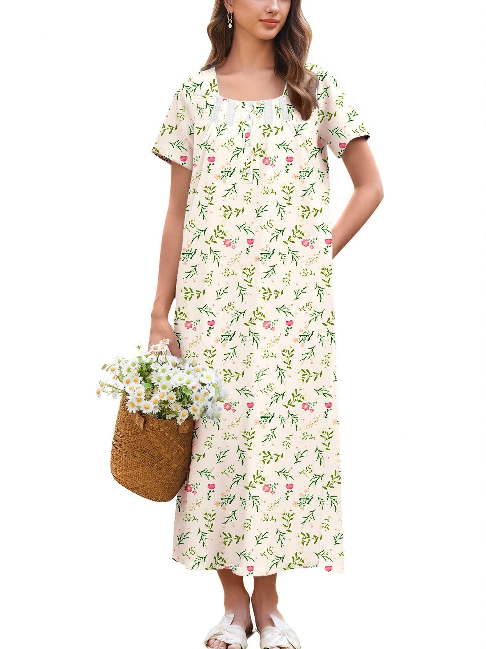 Ekouaer Cotton Nightgowns for Women Long Nightgown Short Sleeve Night Dress Button Sleepshirt with Pockets