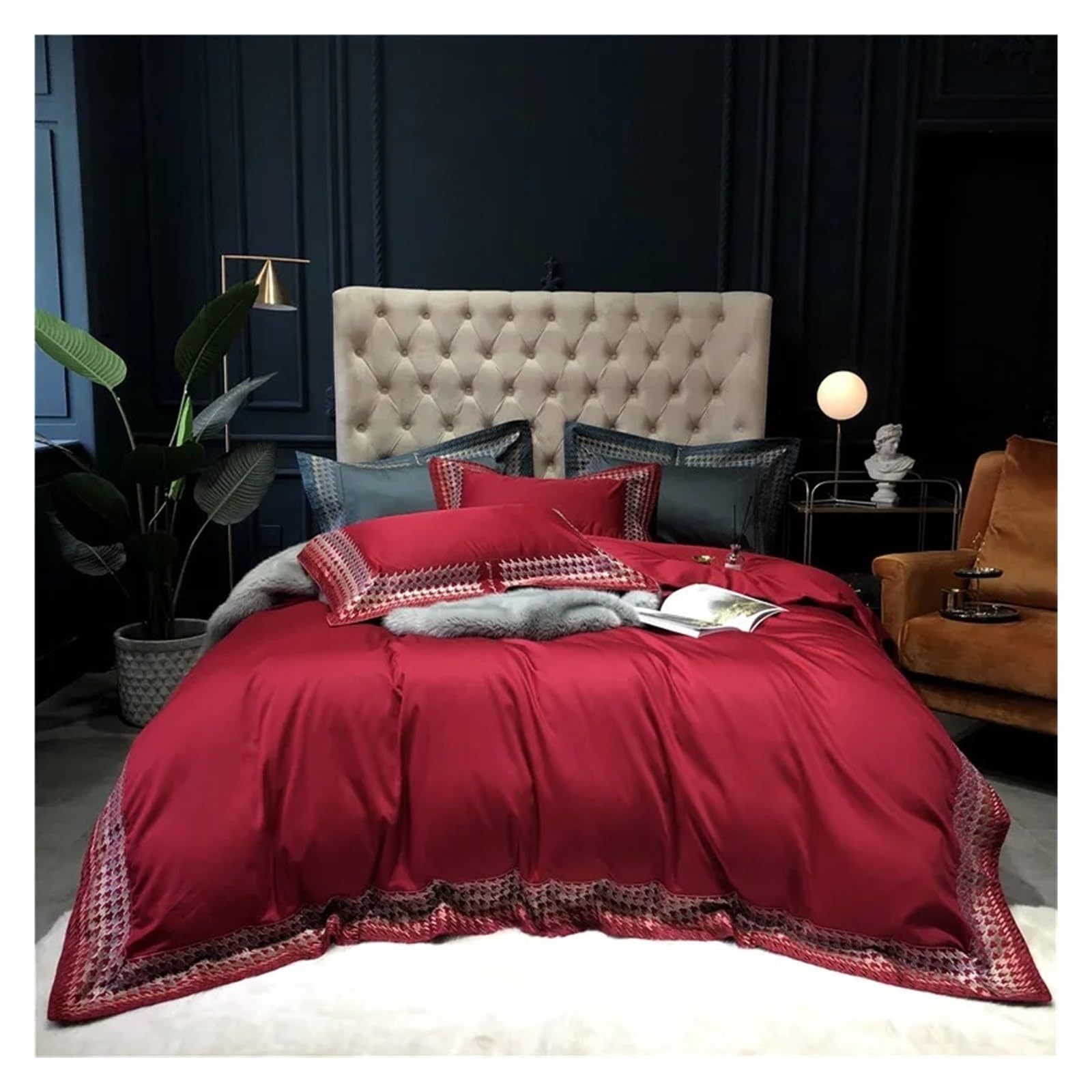 Sbcgfy Red Luxury Embroidery Edge Bedlinen Bedding Set King Queen Size 600Tc Cotton Duvet Cover Bed Sheet Set Pillowcases Comfortable Bedding, Bedspreads,-King Size 4Pcs