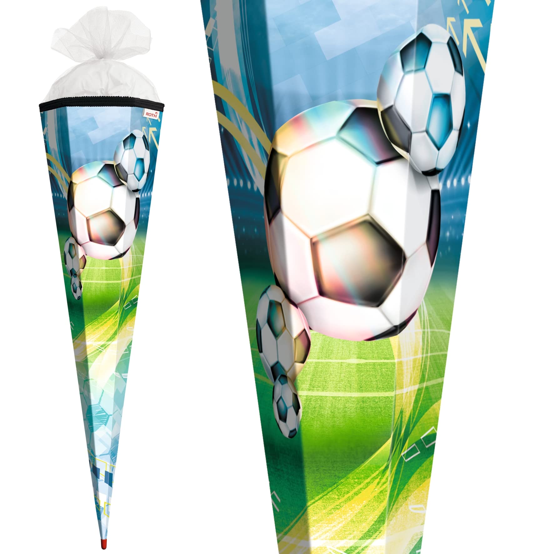 ROTH Schultüte groß Fußball 85 cm - 6-eckig Rot(h)-Spitze Tüllverschluss - Zuckertüte Schulanfang