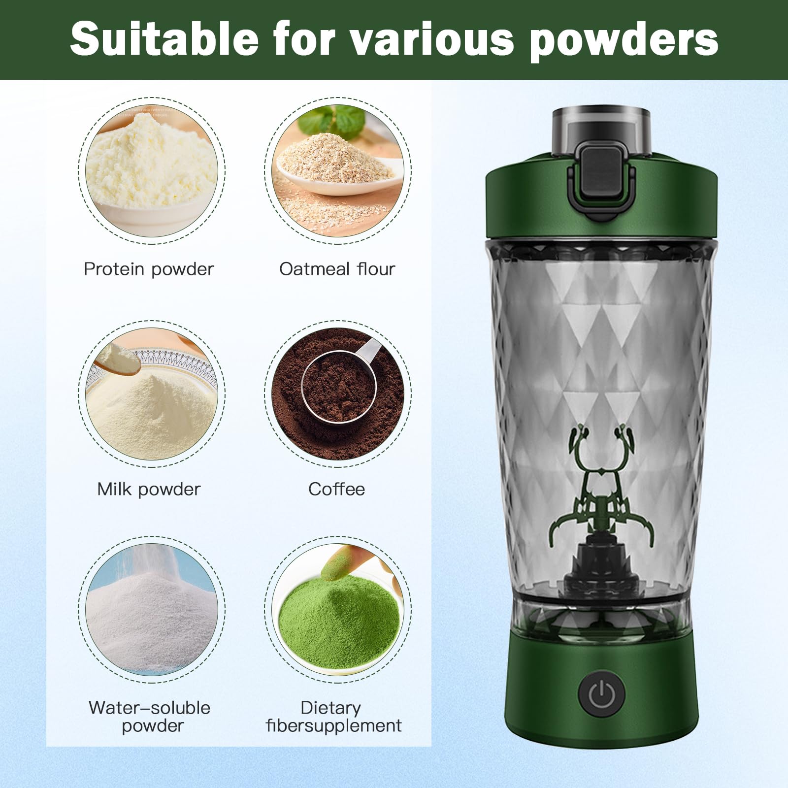 MeYuxg Shaker elettrico per proteine da 650 ml, senza fili, con funzione di miscelazione, bicchiere automatico con contenitore per polvere e spazzola per la pulizia, per sport, fitness e viaggio verde