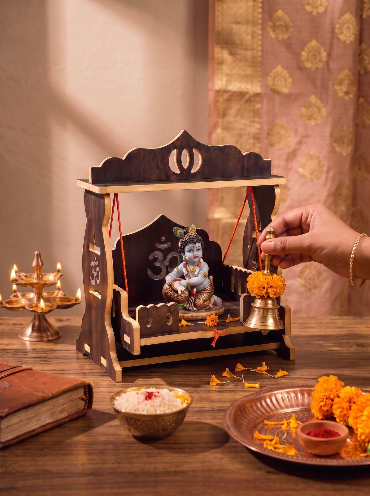 Wooden Laddu Gopal Jhula for Home Temple | Krishna Jhula Swing for Bal Gopal, Kanha Ji & Thakur Ji | Decorative Pooja Mandir Palna for Janmashtami-picture-10