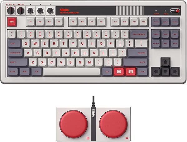 8Bitdo 87 Keys Retro Mechanical Keyboard Bluetooth/2.4G/USB-C, Hot Swappable, Dual Super Programmable Buttons, Volume knob for Windows and Android - N Edition