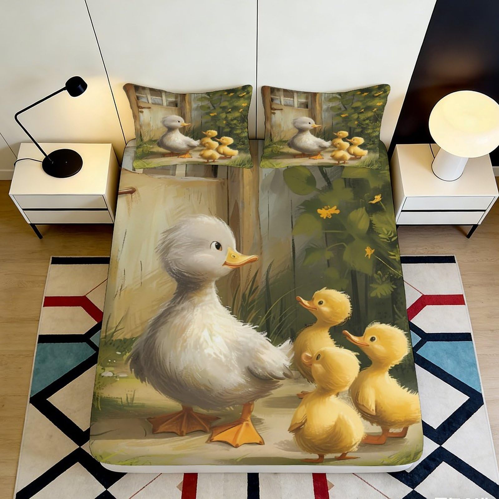 3D Printed Duck Family Fitted Sheet Microfiber Soft Non-slip Yellow Duckling Bed Cover for Bedroom Dorm Home Mattress Protector 90x200x25cm